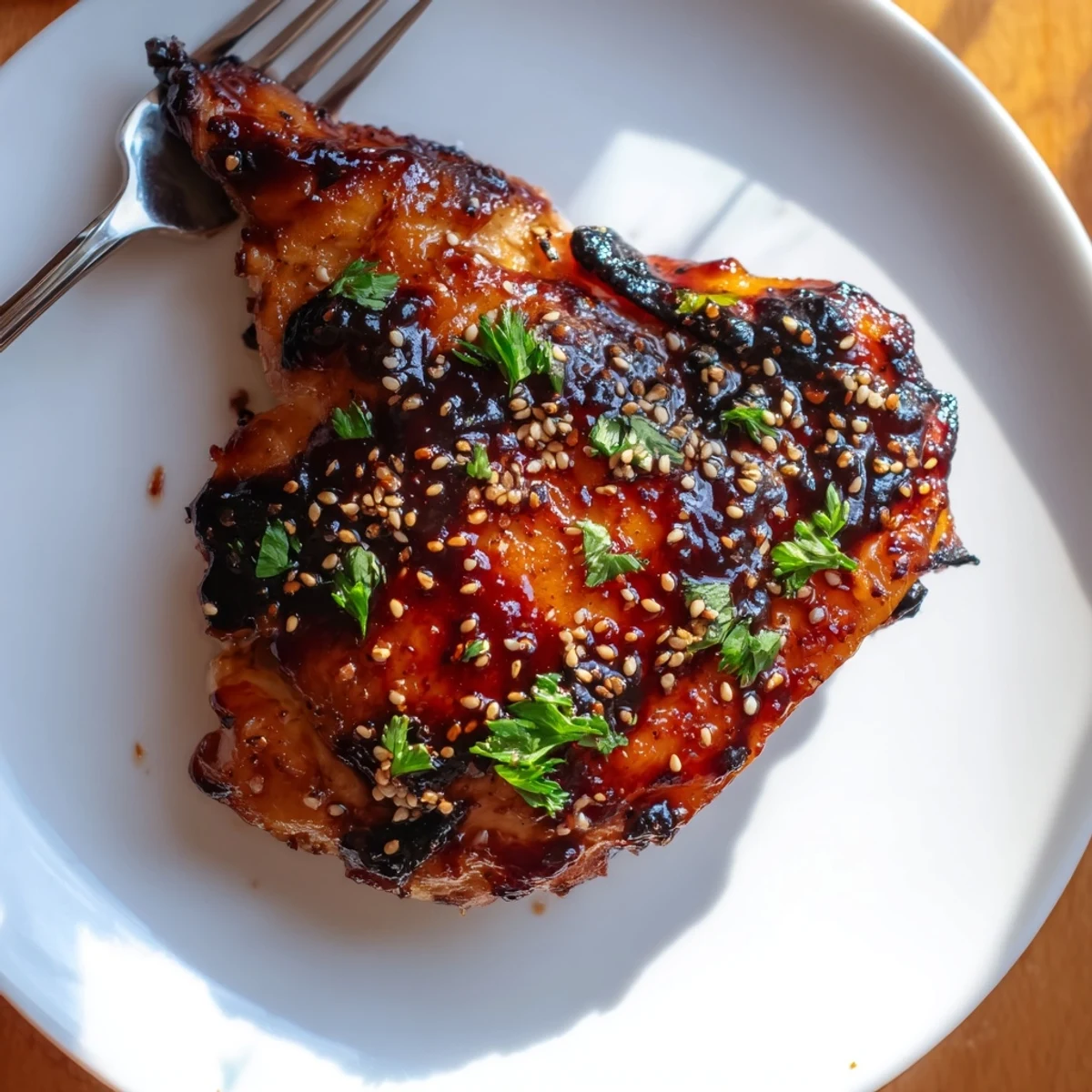 Sticky honey glaze coats golden Caramelized BBQ Chicken Thighs in the Oven
