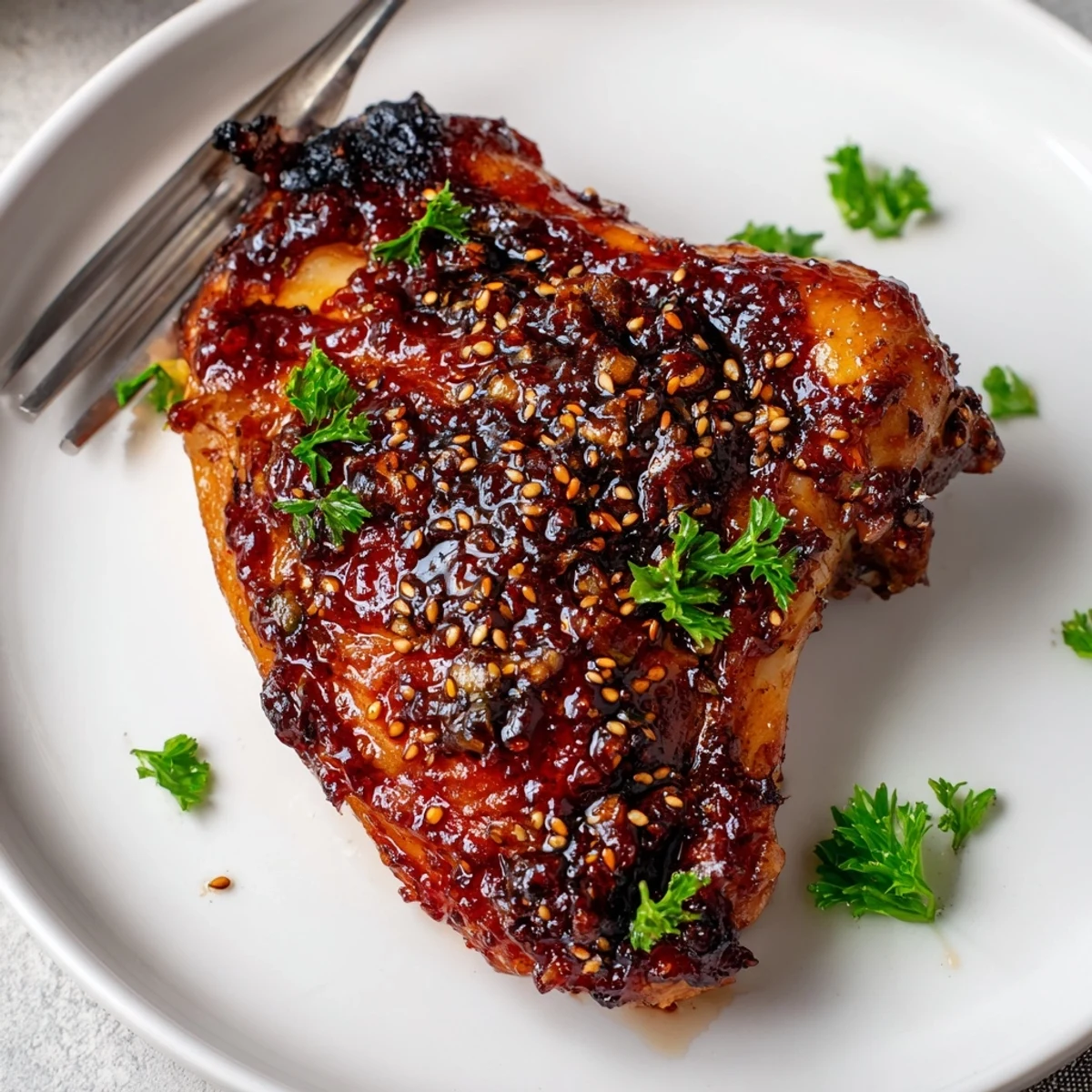 Roasted skin crisp and smoky, served hot: Caramelized BBQ Chicken Thighs in the Oven