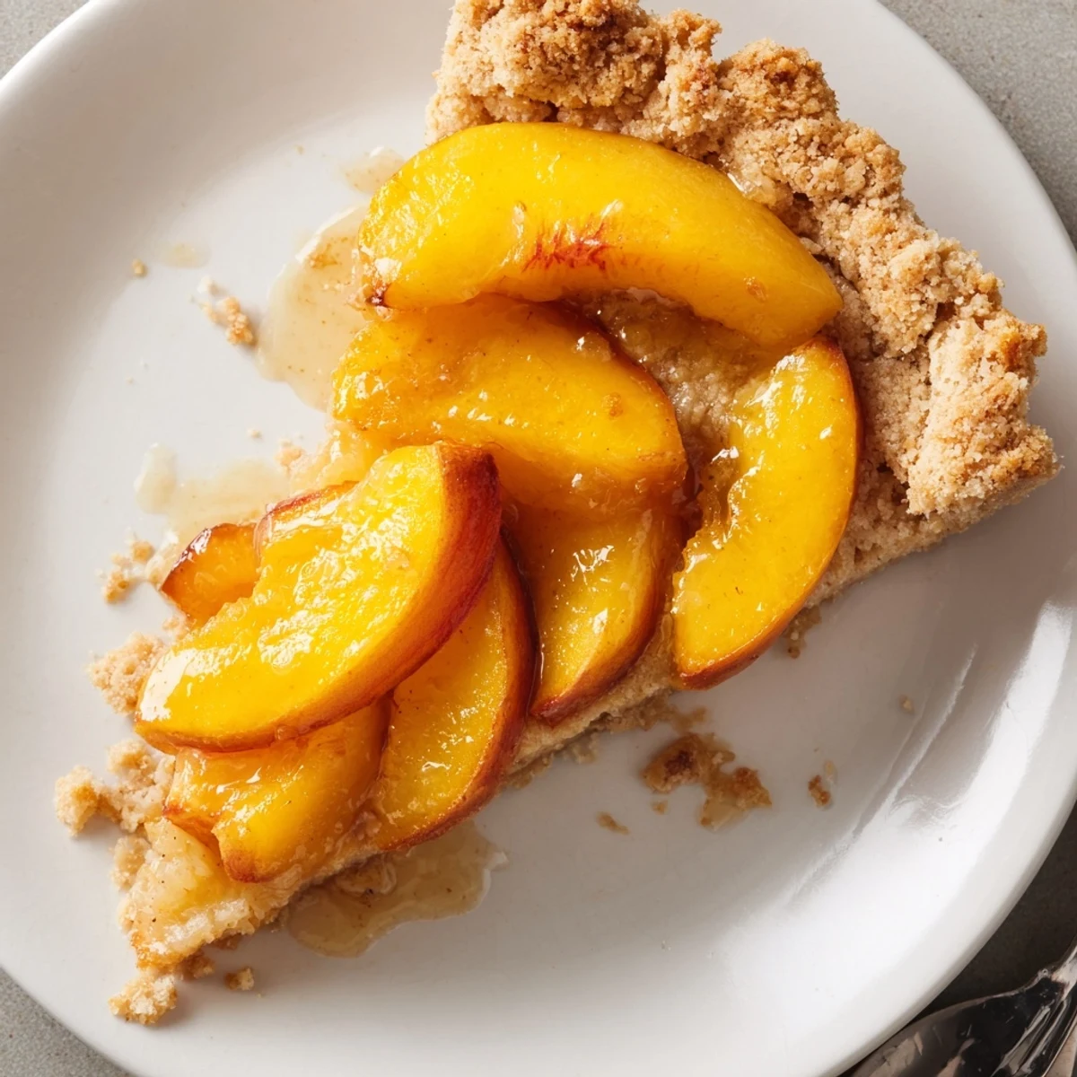 Fresh Peach Tart with Almond Crust glistening under warm peach glaze, ready  