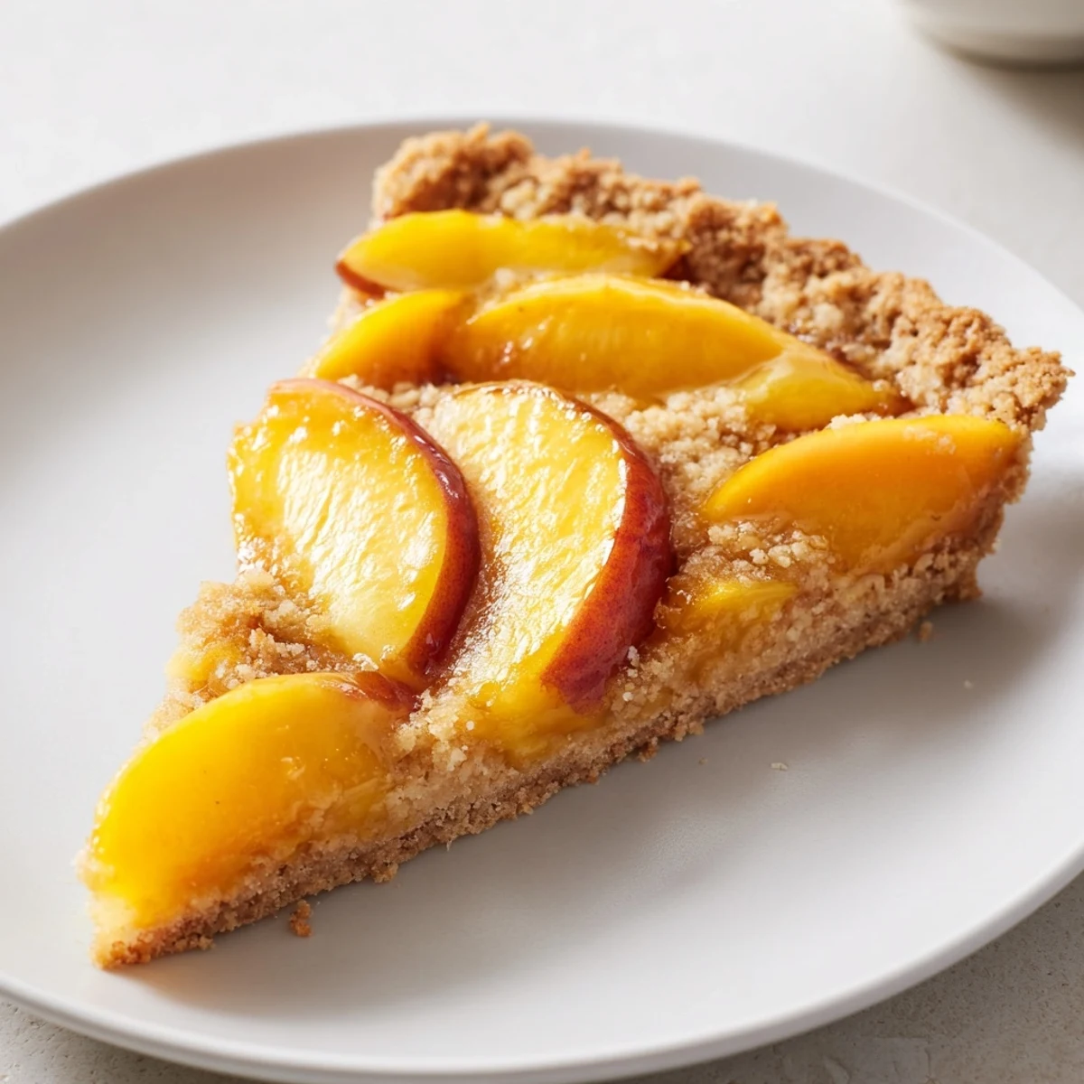Served Fresh Peach Tart with Almond Crust topped with vanilla ice cream