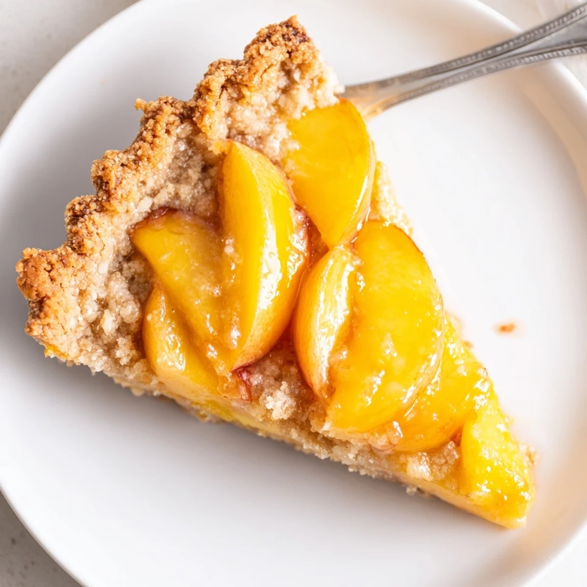 Sliced Fresh Peach Tart with Almond Crust on cooling rack, buttery aroma  