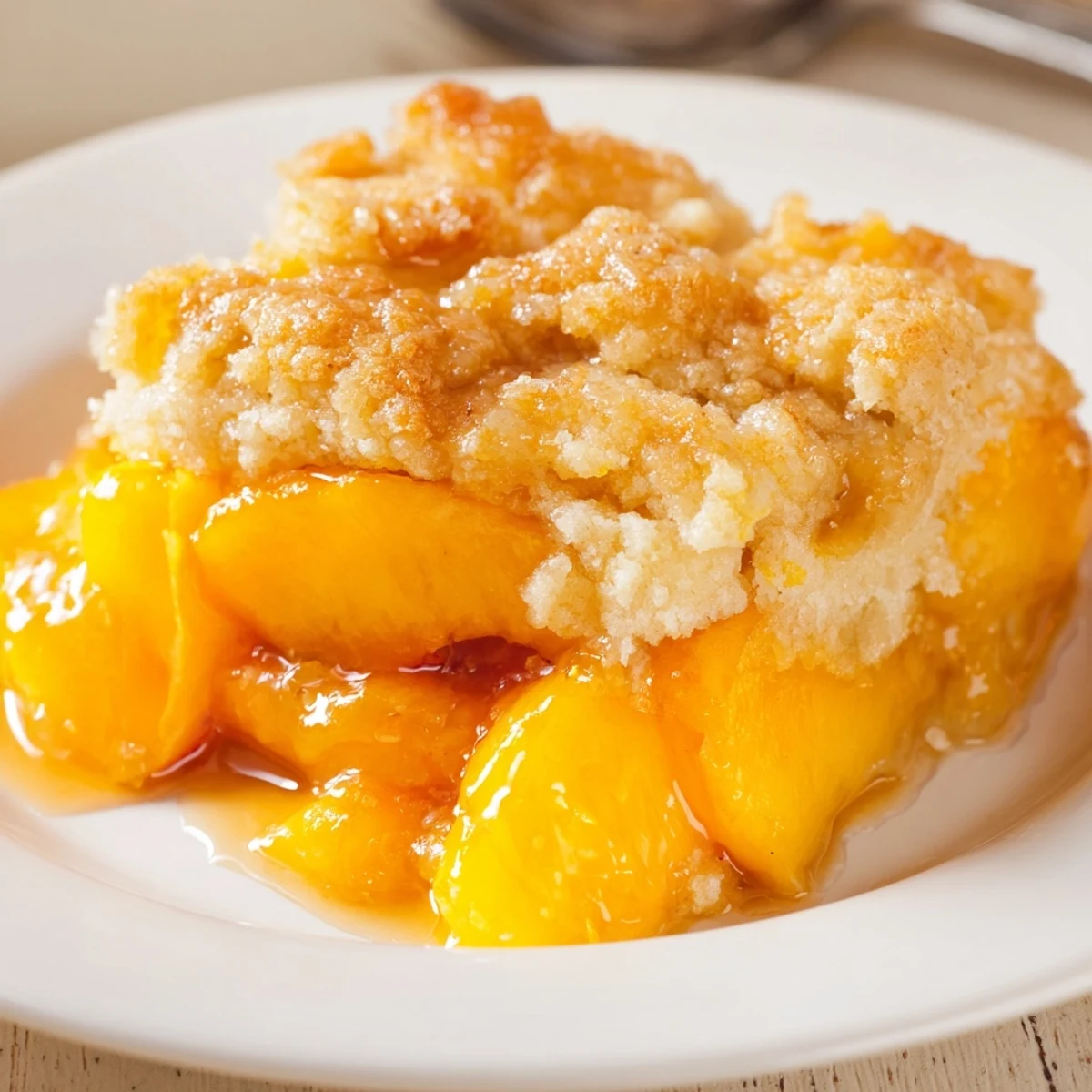 Warm Peach Cobbler bubbling in ceramic dish with golden biscuit topping