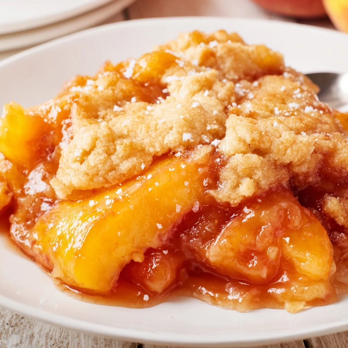 Spoonful of Peach Cobbler steaming beside melting vanilla ice cream