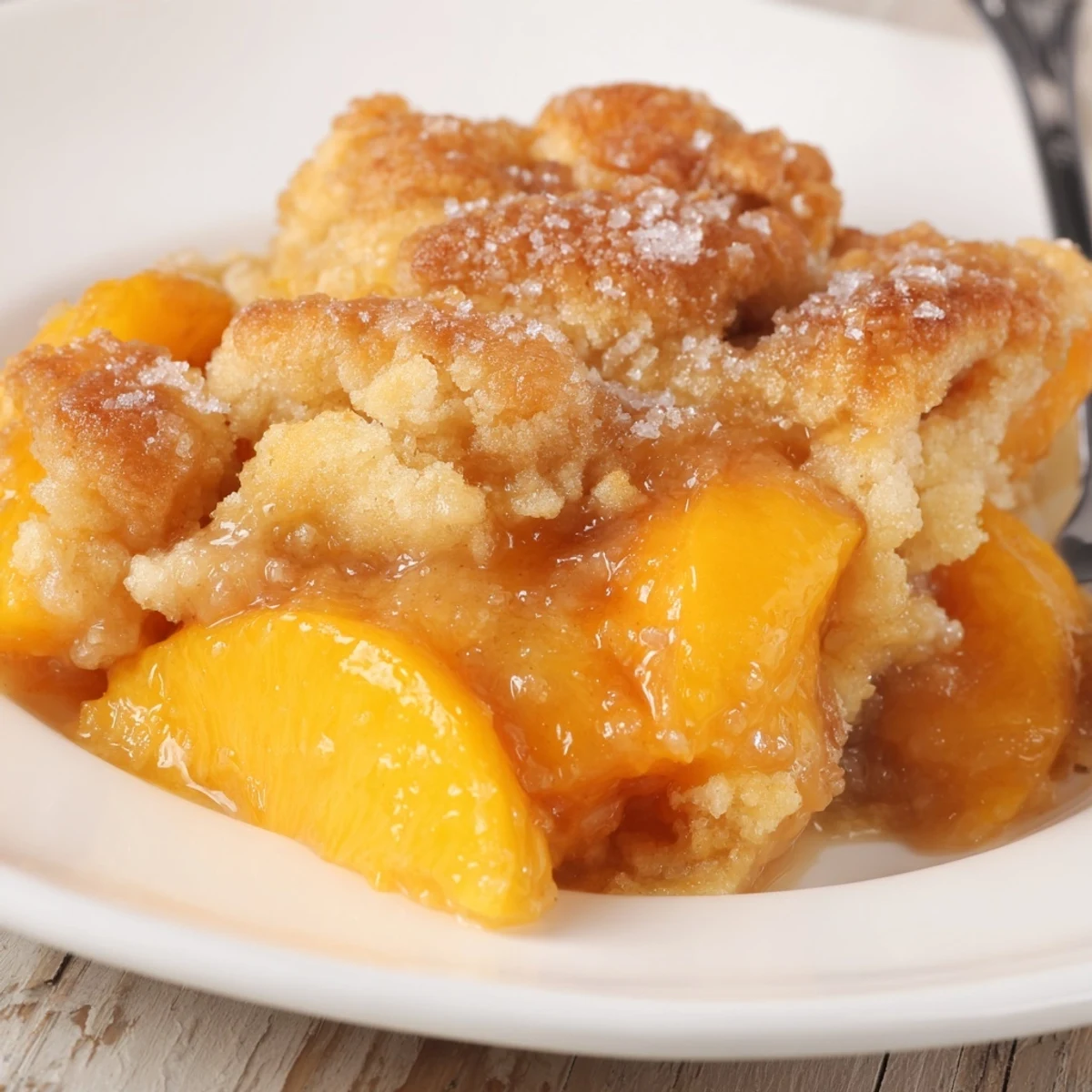 Fresh Peach Cobbler cooling on counter, soft peaches and buttery crust