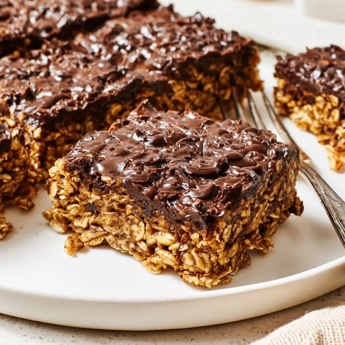 Sliced Chocolate Fudge Oatmeal Bars with flaky sea salt, nutty crumbs