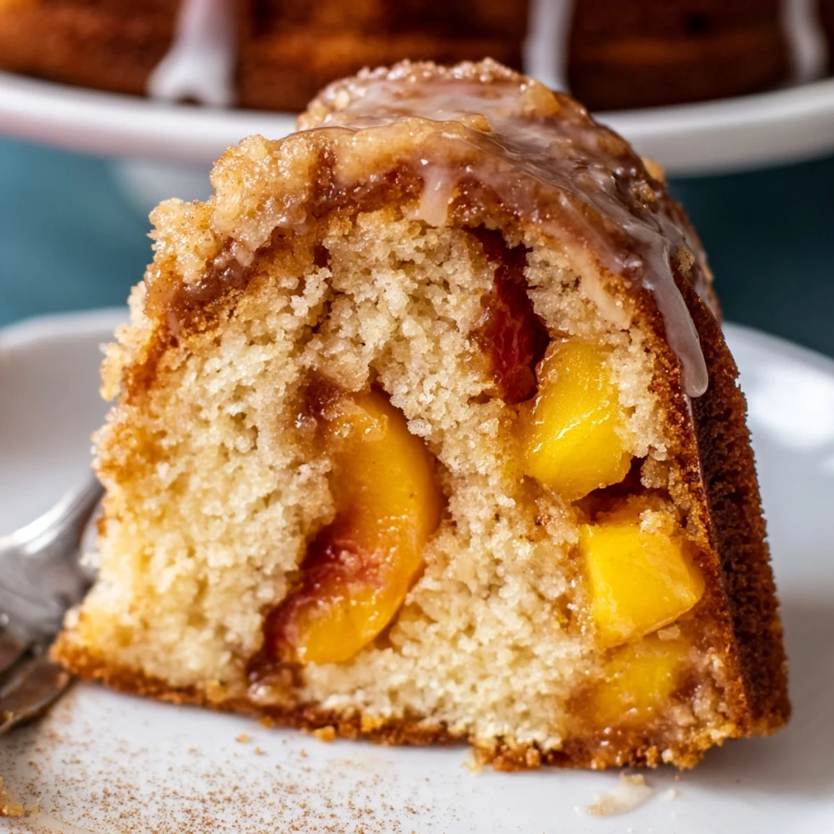 Peach Cobbler Pound Cake with golden crust, juicy peach swirls, glaze sheen