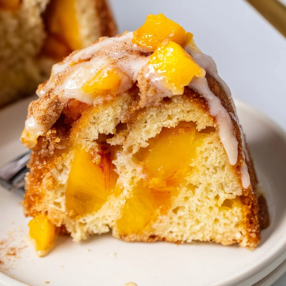 Homemade Peach Cobbler Pound Cake cooling on wire rack, cinnamon aroma rising