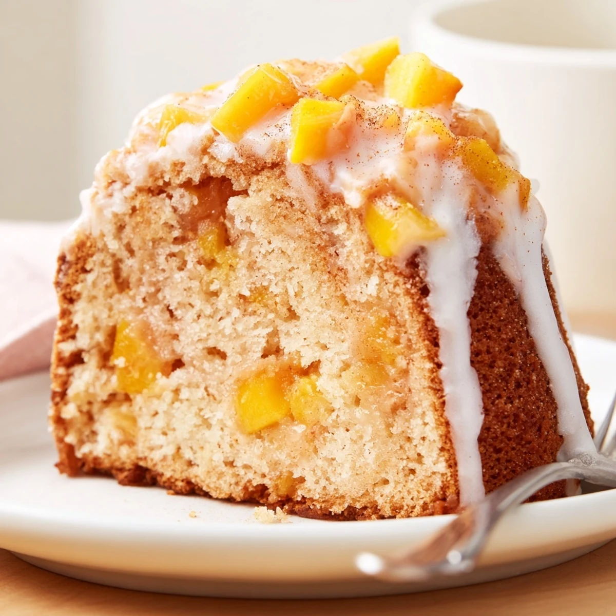 Sliced Peach Cobbler Pound Cake served warm with melting vanilla ice cream