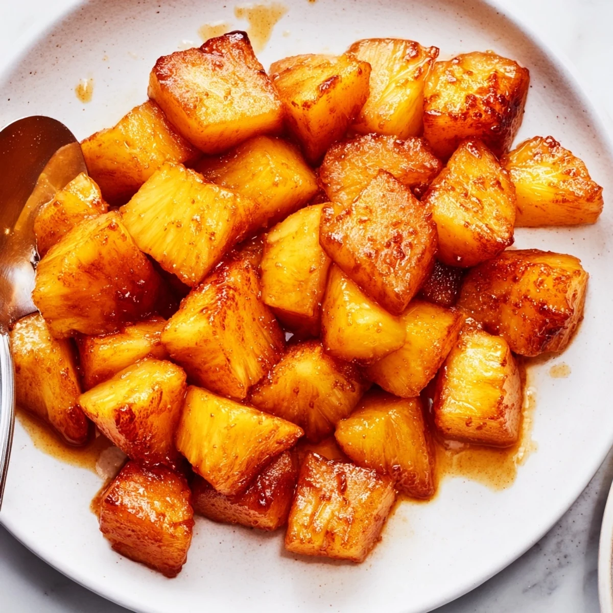 Air Fryer Pineapple Chunks with golden caramelized edges, steaming on platter