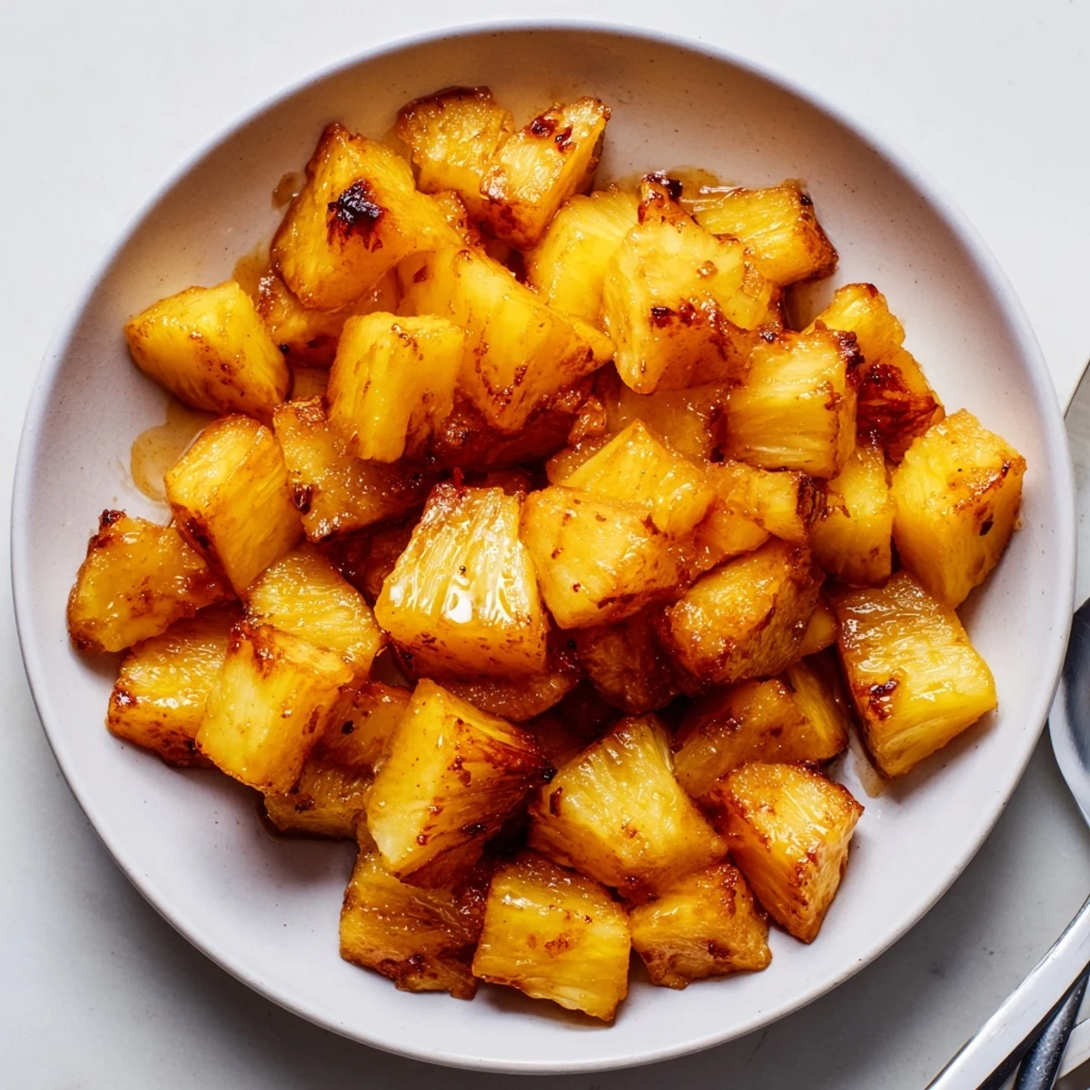 Crisp-edged Air Fryer Pineapple Chunks glistening with honey and cinnamon