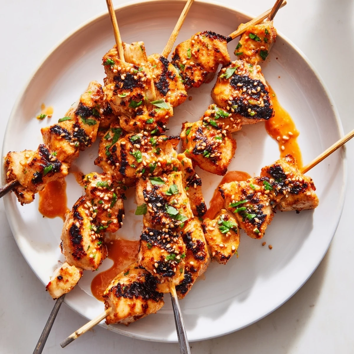 Grilled Bang Bang Chicken Skewers with charred edges and honey-lime glaze.