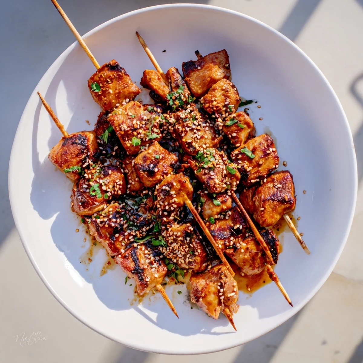 Bang Bang Chicken Skewers glistening with creamy spicy sauce, cilantro and sesame.