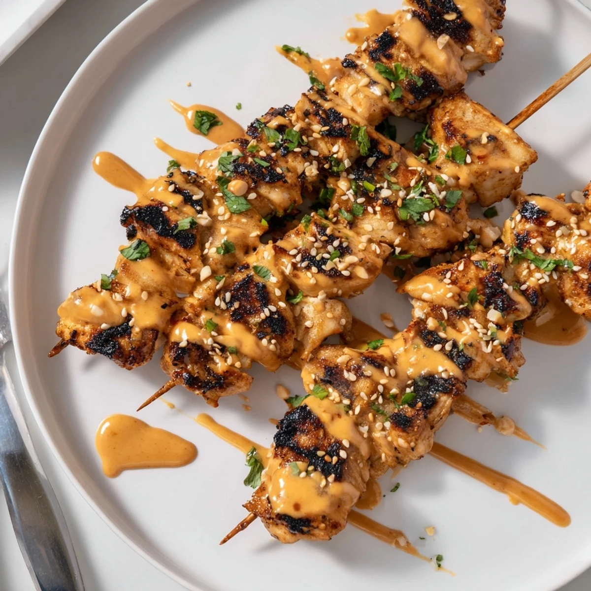 Party-ready Bang Bang Chicken Skewers atop jasmine rice, creamy spicy drizzle.