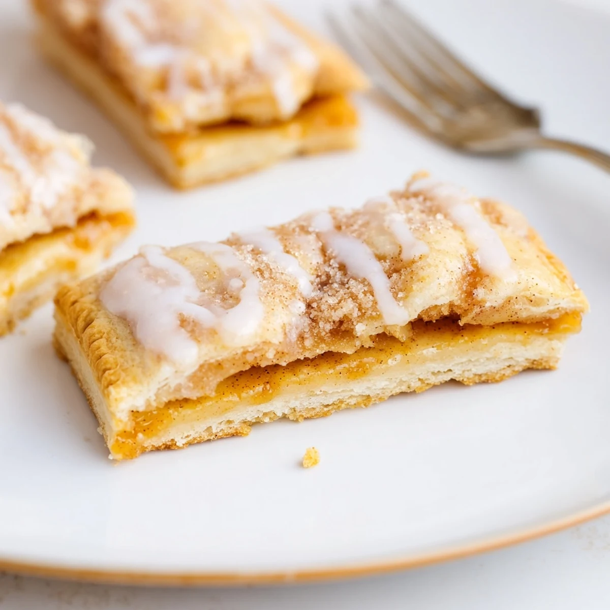 Stacked Brown Sugar Cinnamon Pop Tart Bars beside coffee, powdered glaze gleaming
