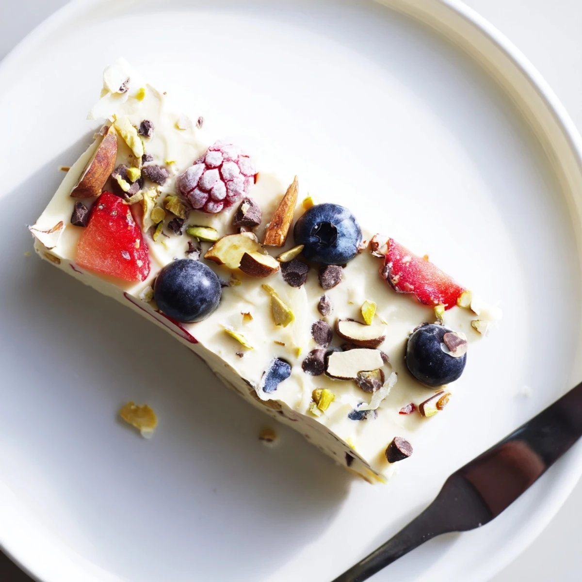 Sliced strawberries and melting chocolate atop Easy Yogurt Bark, frozen snack ready