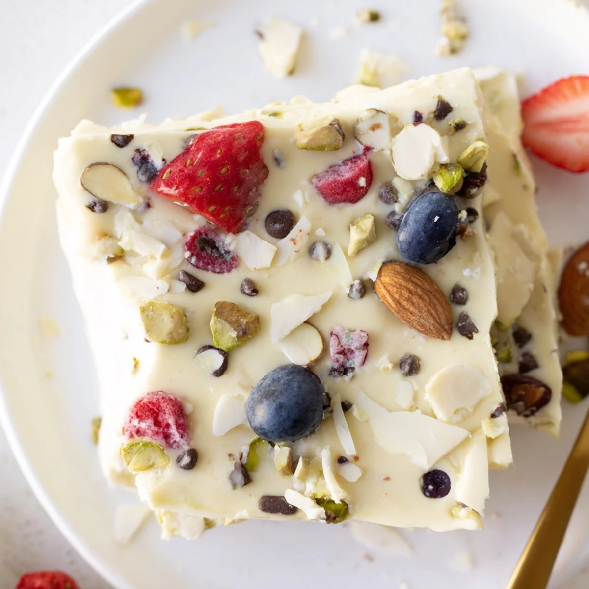 Easy Yogurt Bark with vibrant berries and crunchy nuts on parchment lined baking sheet