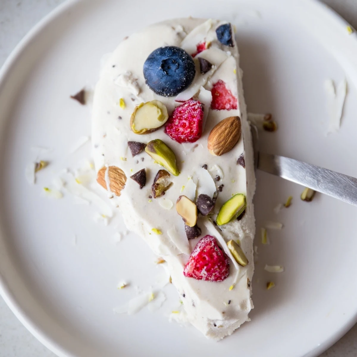 Hand broken Easy Yogurt Bark pieces studded with chia, coconut, and pistachio crunch