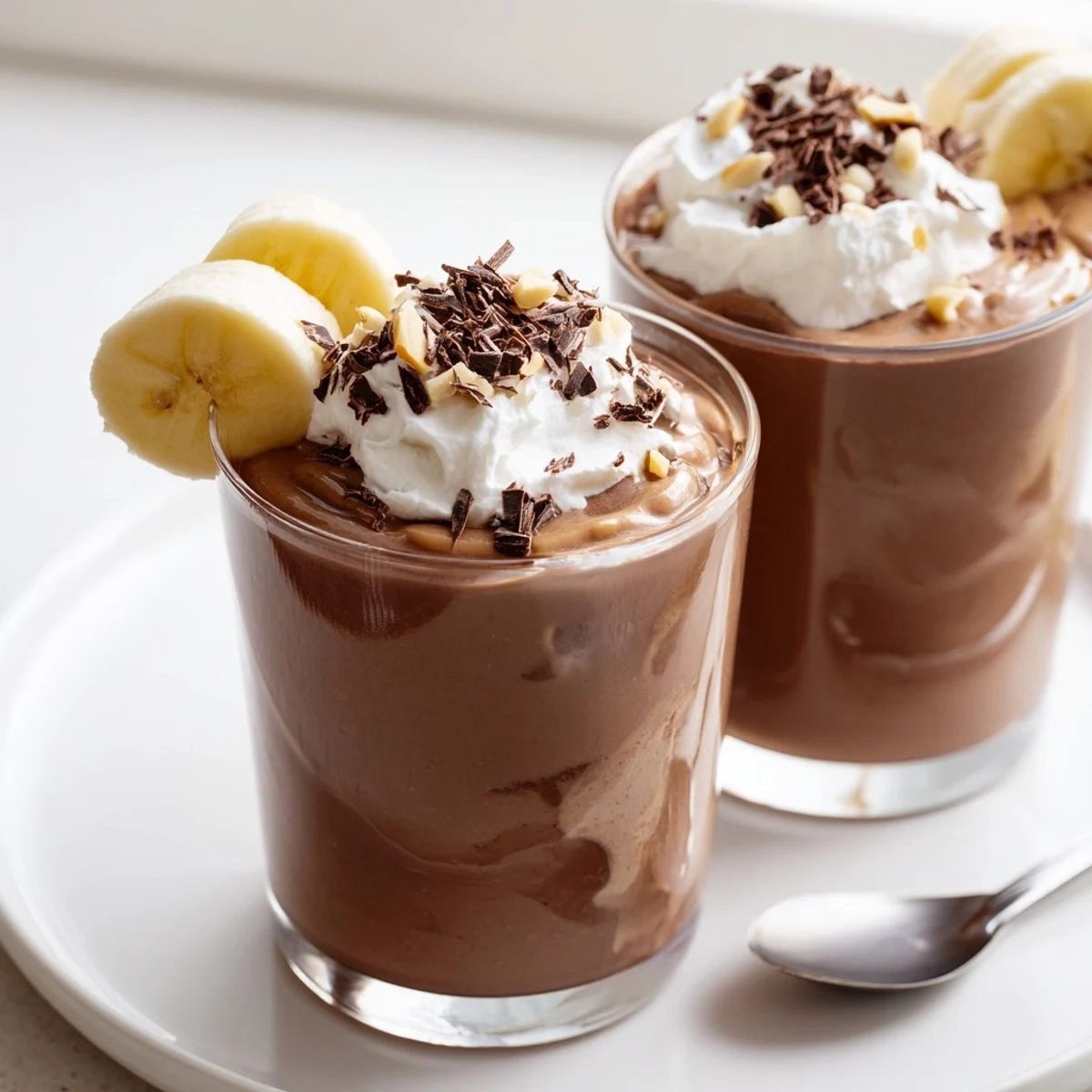 Frosty Chocolate Peanut Butter Smoothie in tall glass with chocolate shavings, straw