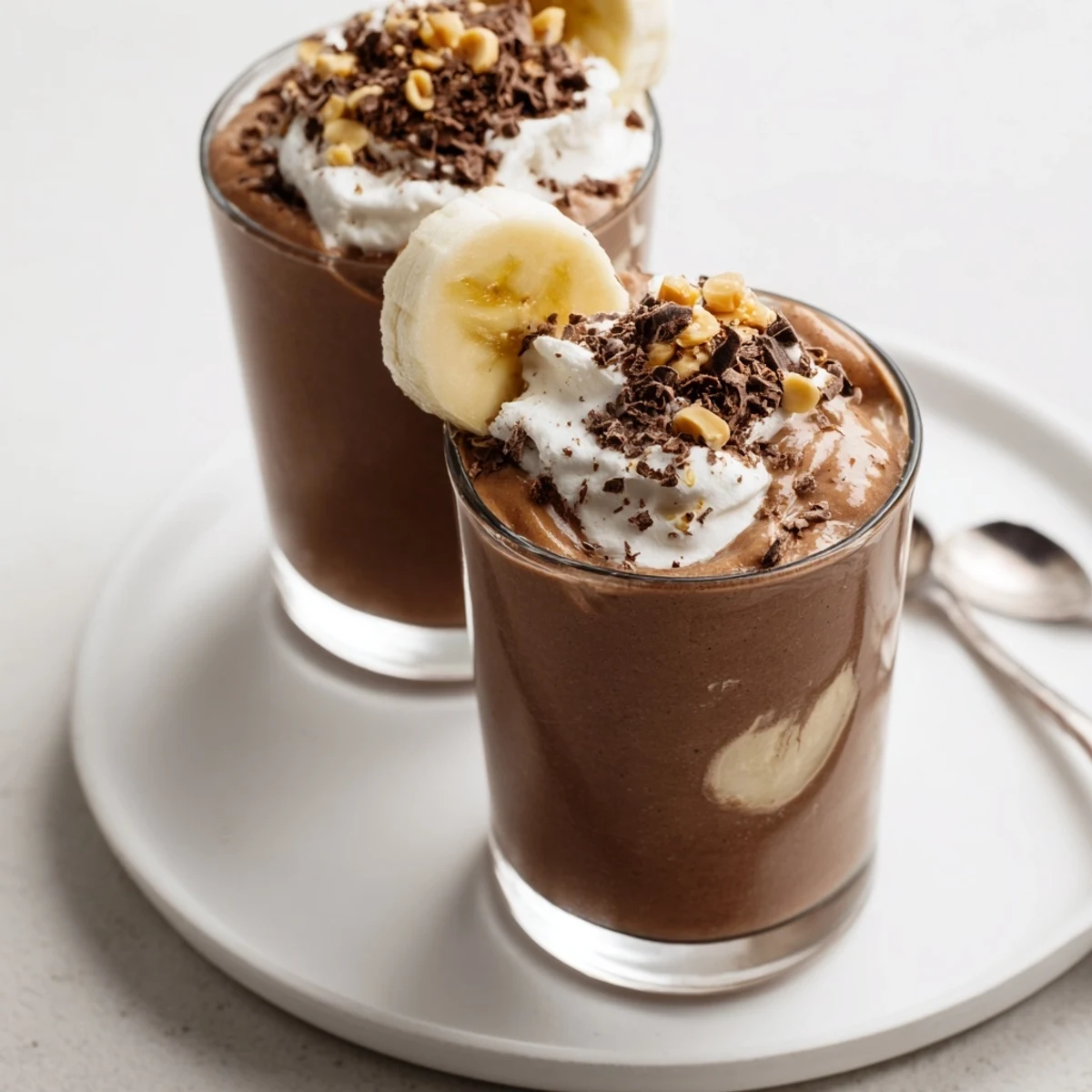 Creamy Chocolate Peanut Butter Smoothie poured into glass, topped with whipped cream