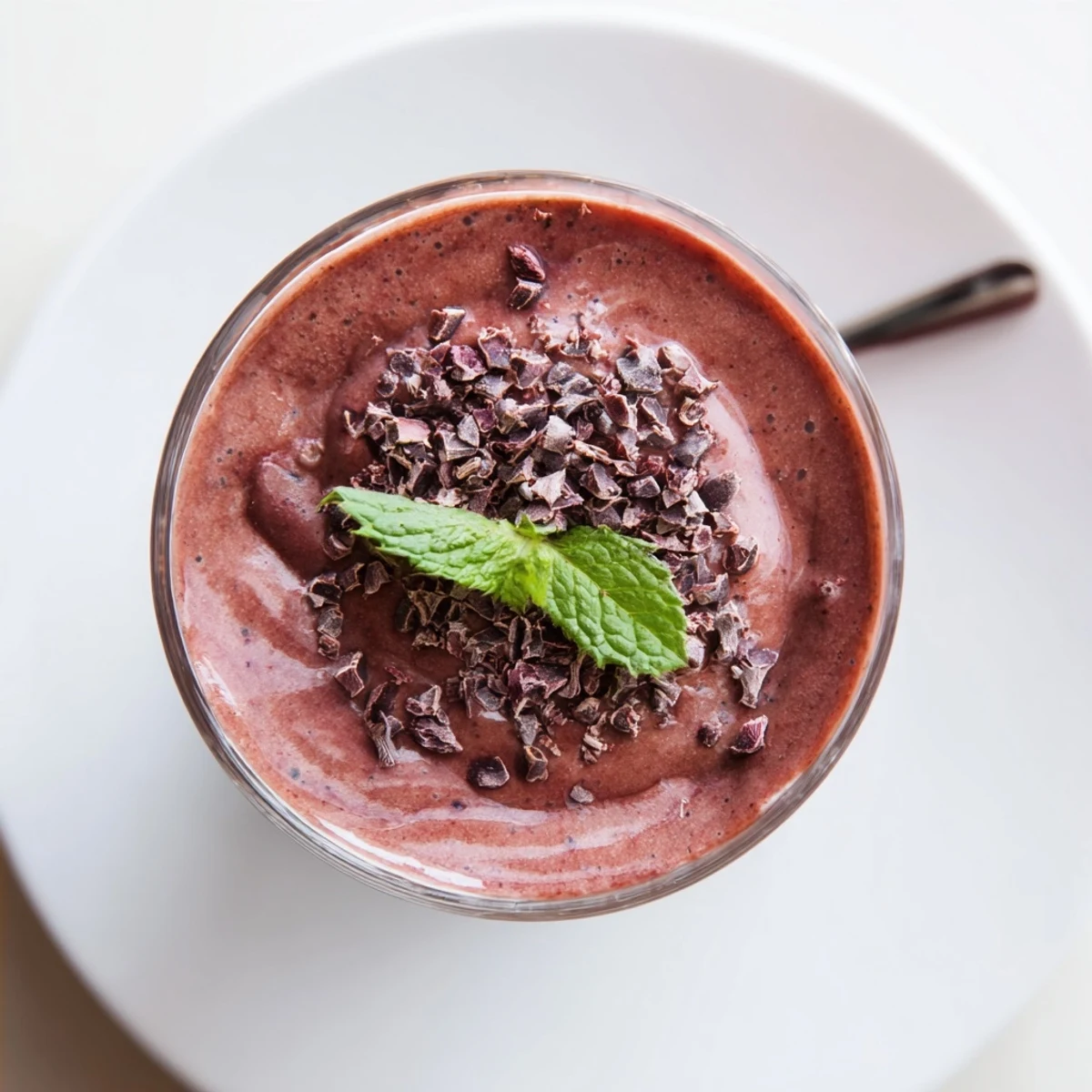 Chocolate Beet Smoothie poured into glass, creamy pink-brown, garnished with mint