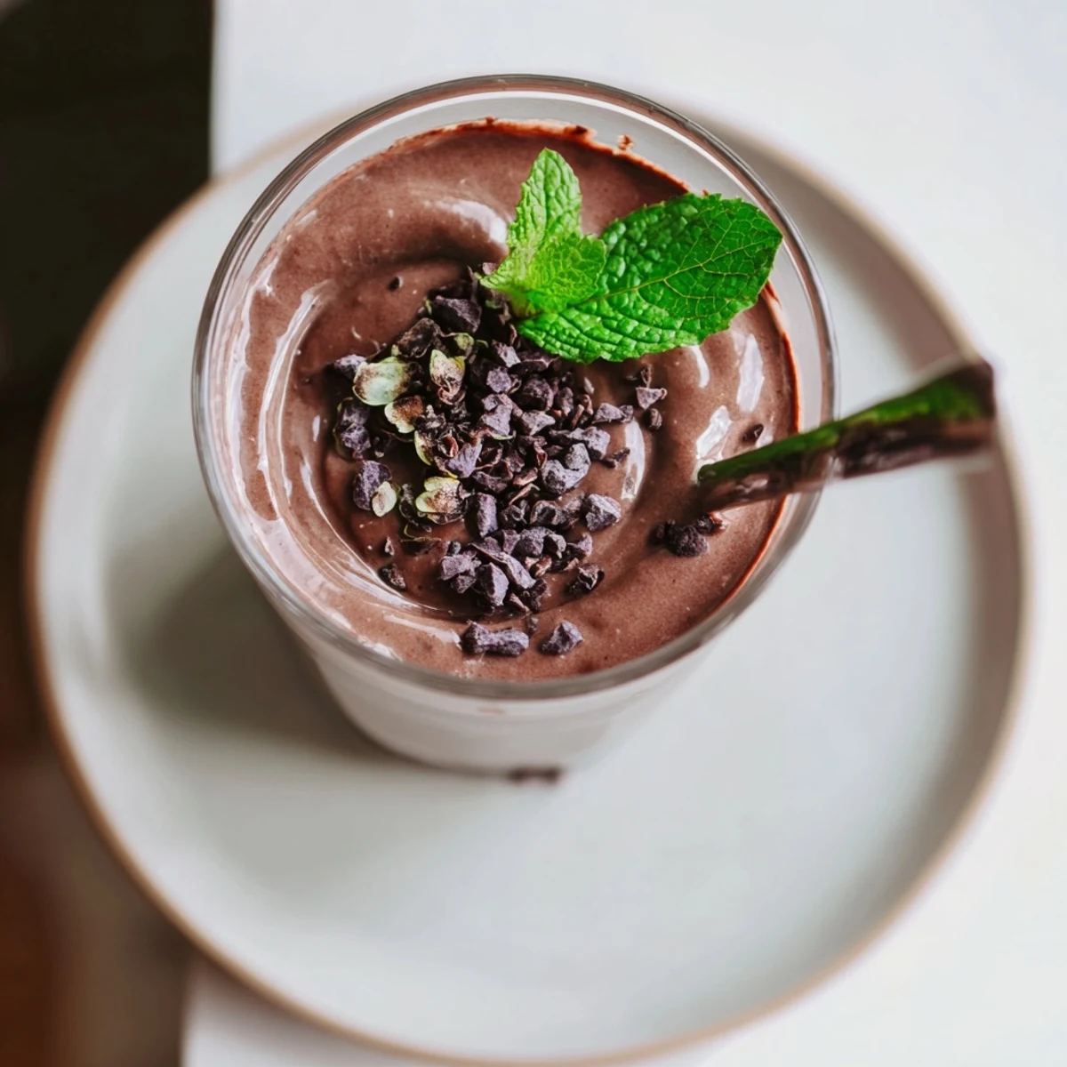 Thick Chocolate Beet Smoothie with banana and cacao nibs, chilled