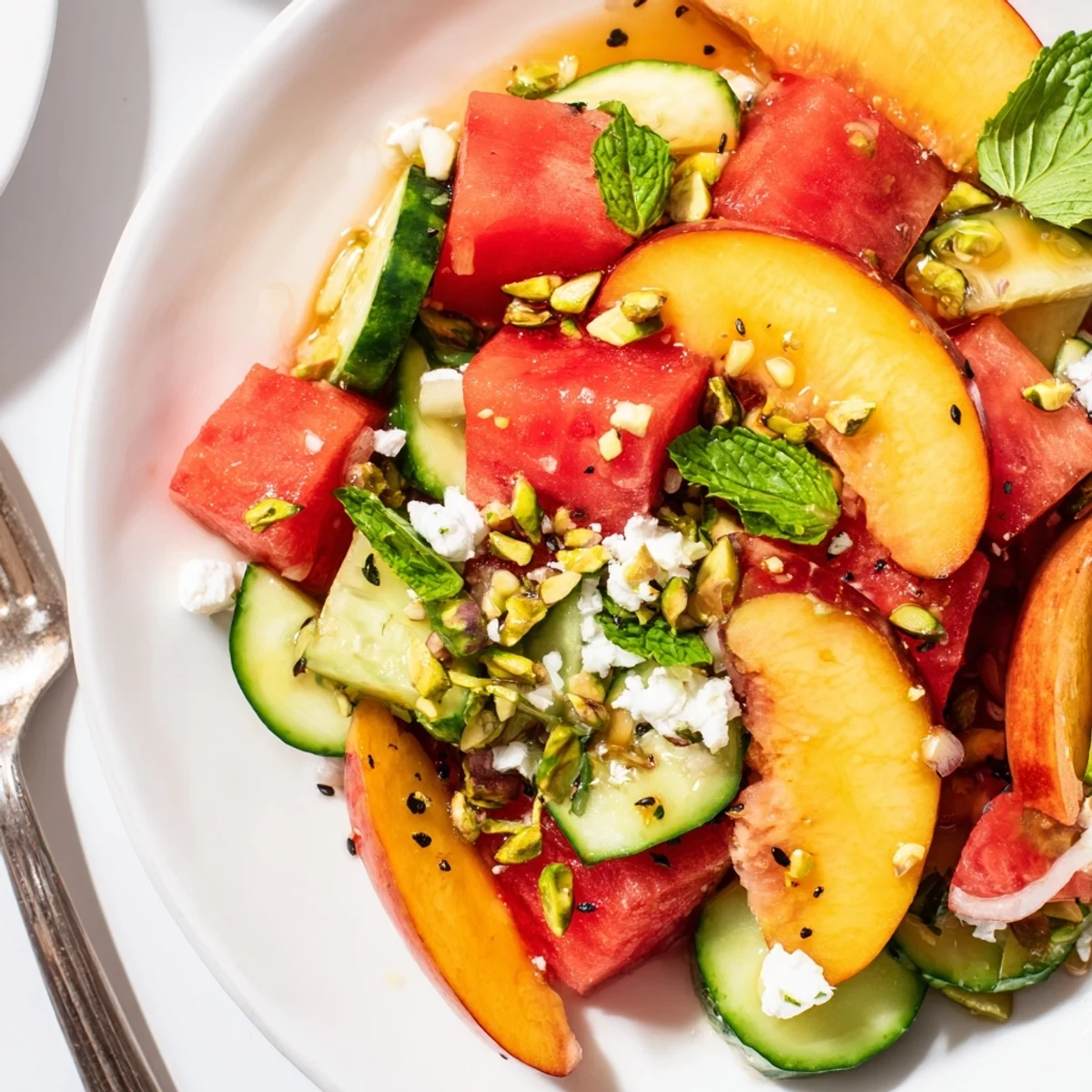 Summer Peach Watermelon Salad with juicy peaches, crisp cucumber, honey-lime drizzle