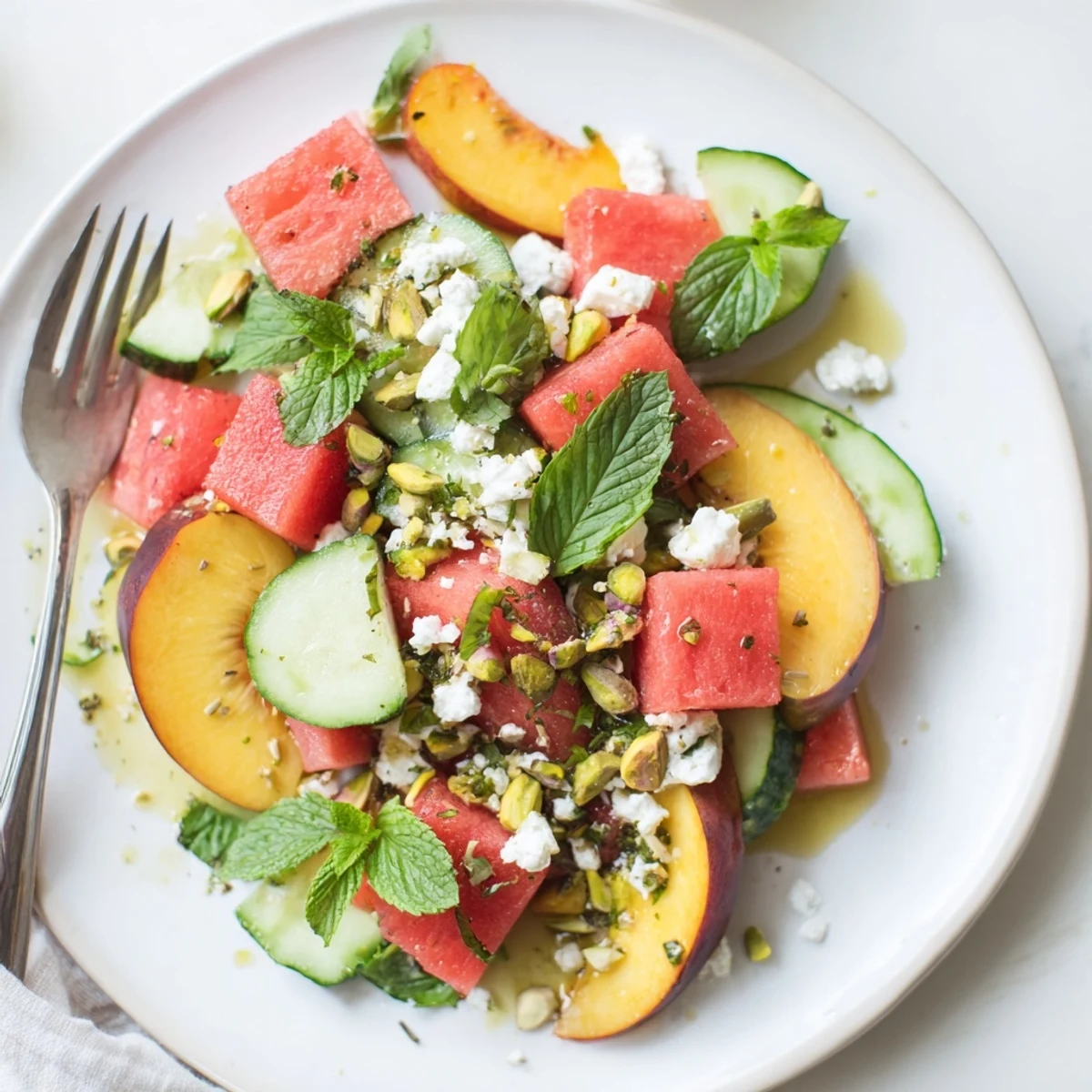 Bright Summer Peach Watermelon Salad tossed with fresh mint, crumbled feta garnish
