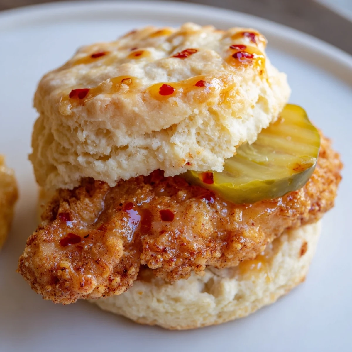 Hot Honey Chicken Biscuits with flaky buttermilk layers, crunchy fried chicken