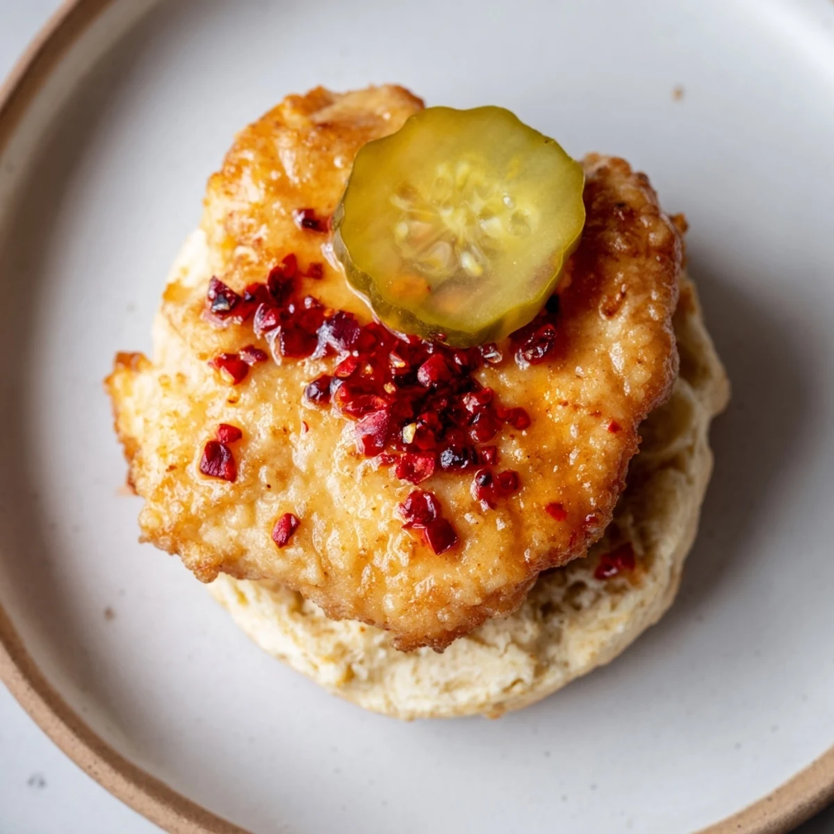 Stacked Hot Honey Chicken Biscuits served with tangy pickles for brunch
