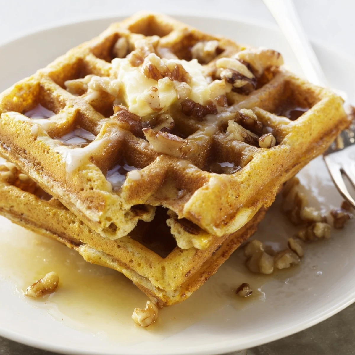 Carrot Cake Waffles with cream cheese glaze, fluffy, spiced, golden-brown stack