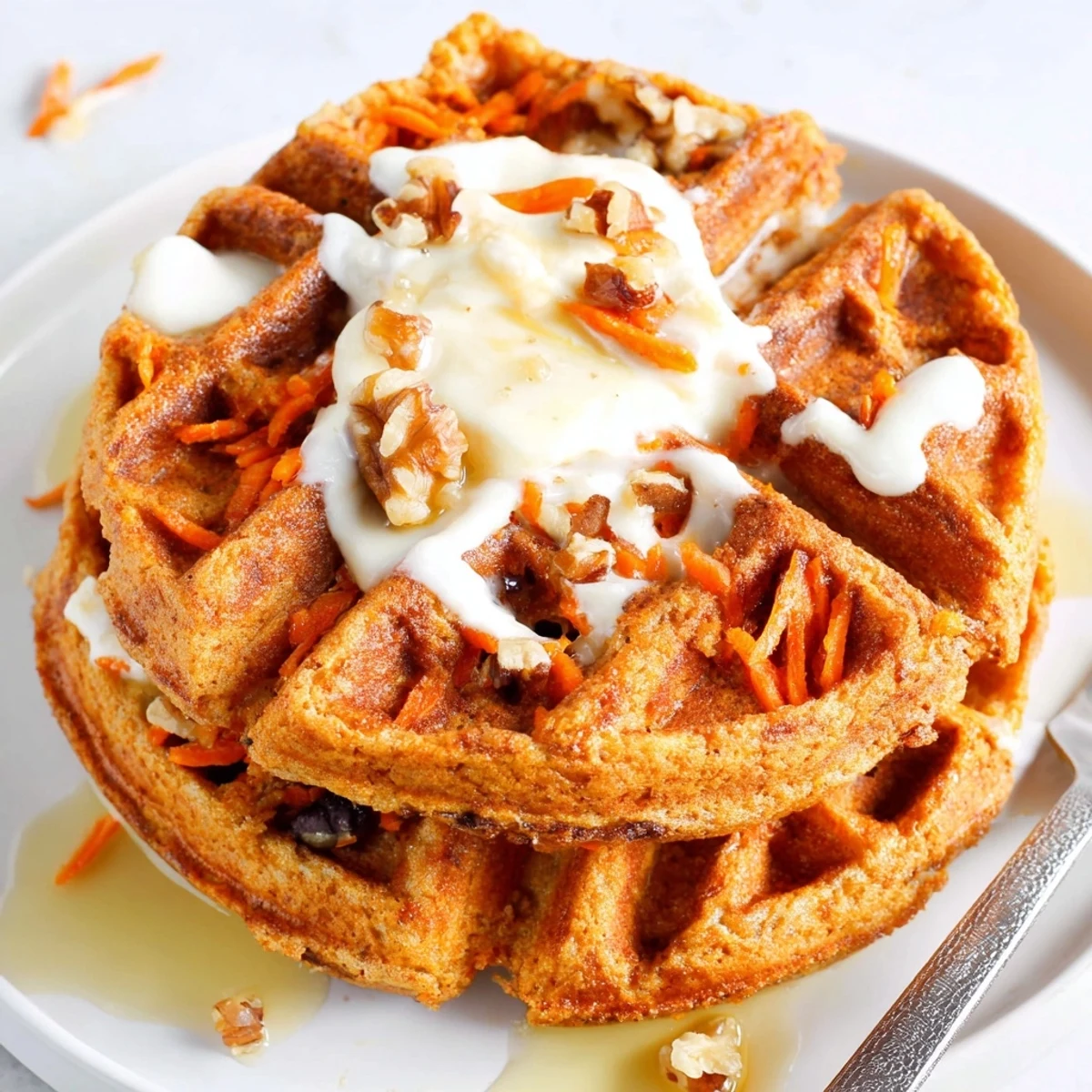Warm Carrot Cake Waffles topped with maple syrup and chopped pecans