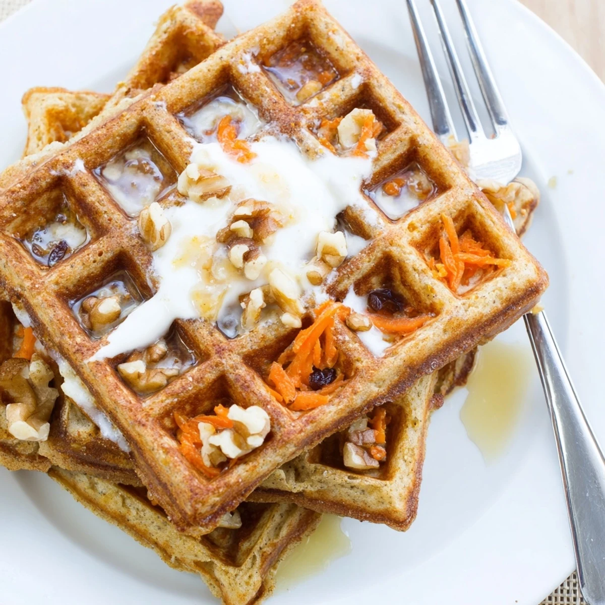 Plate of Carrot Cake Waffles showing grated carrots, crisp edges, cinnamon aroma