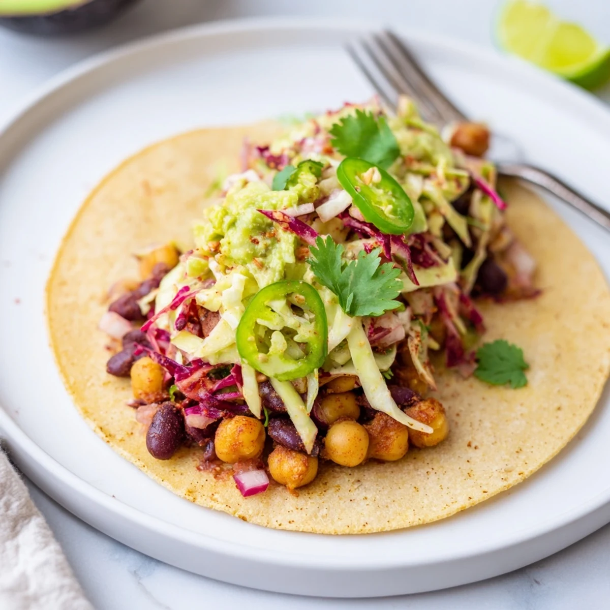 Warm Chickpea Black Bean Tacos with Creamy Avocado Slaw, zesty lime wedge
