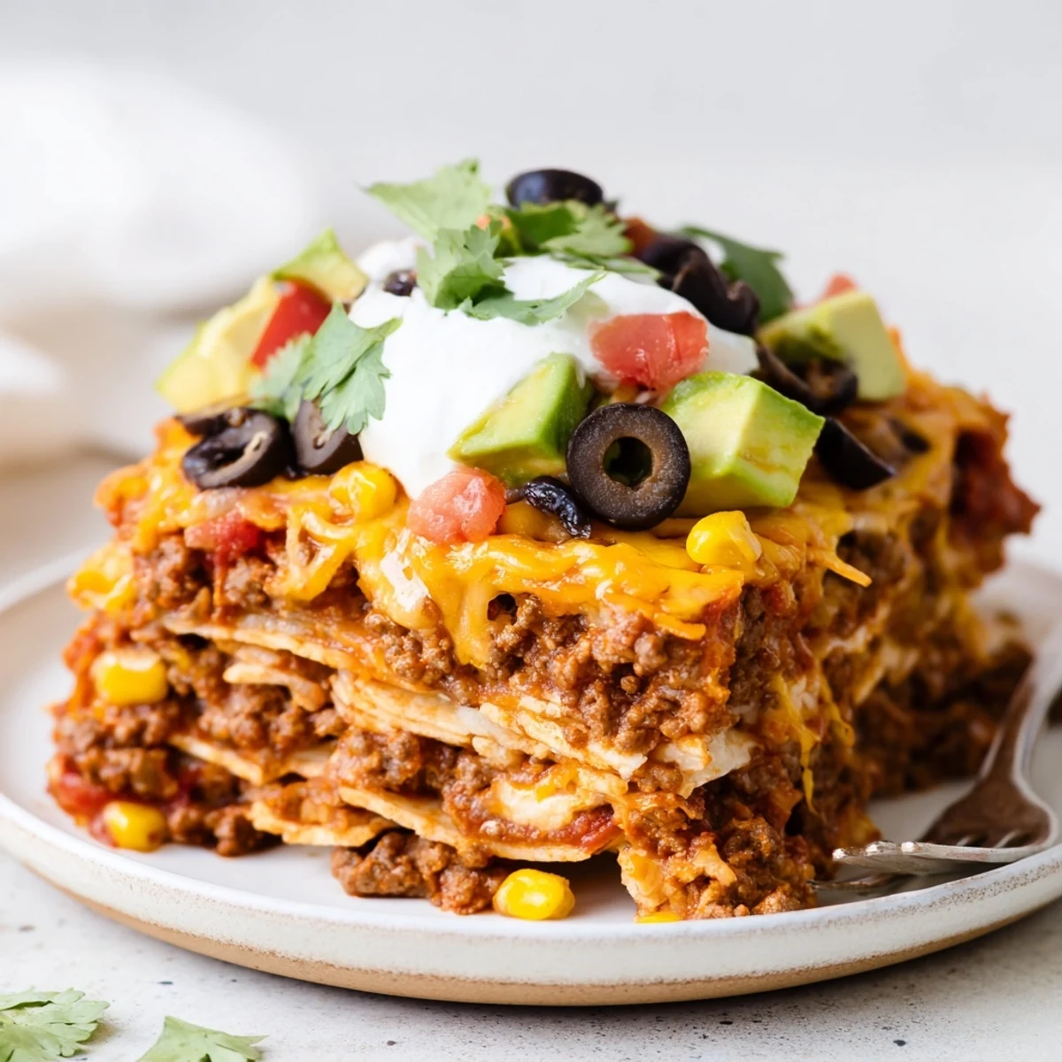 Quick & Easy Taco Casserole bubbling with melted cheddar, garnished with diced avocado