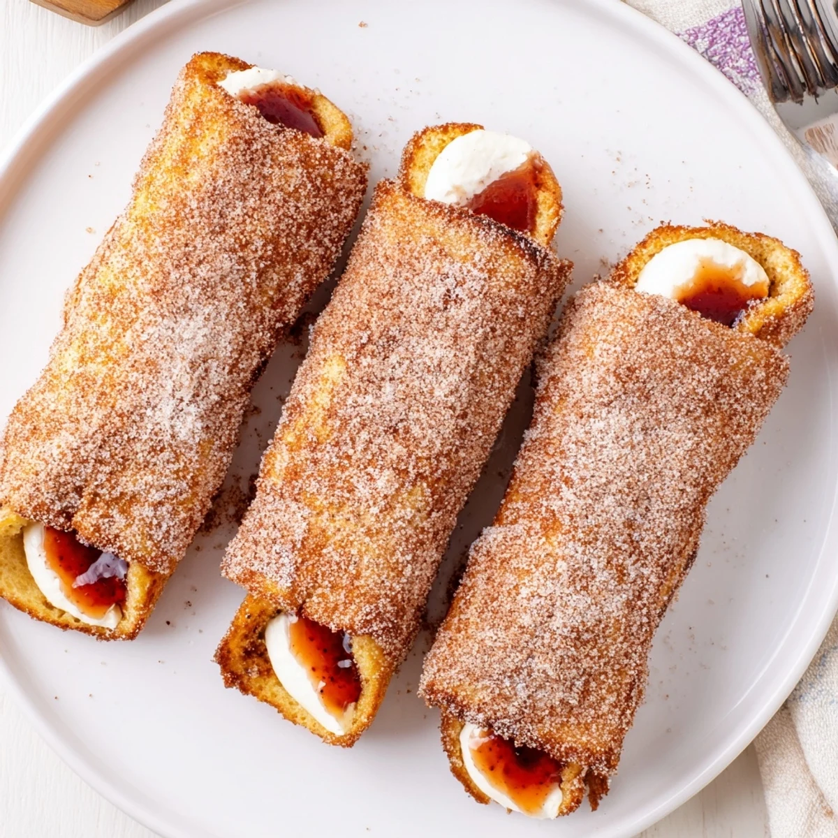 Close-up of Easy Cinnamon Sugar French Toast Roll-Ups, golden cinnamon coating