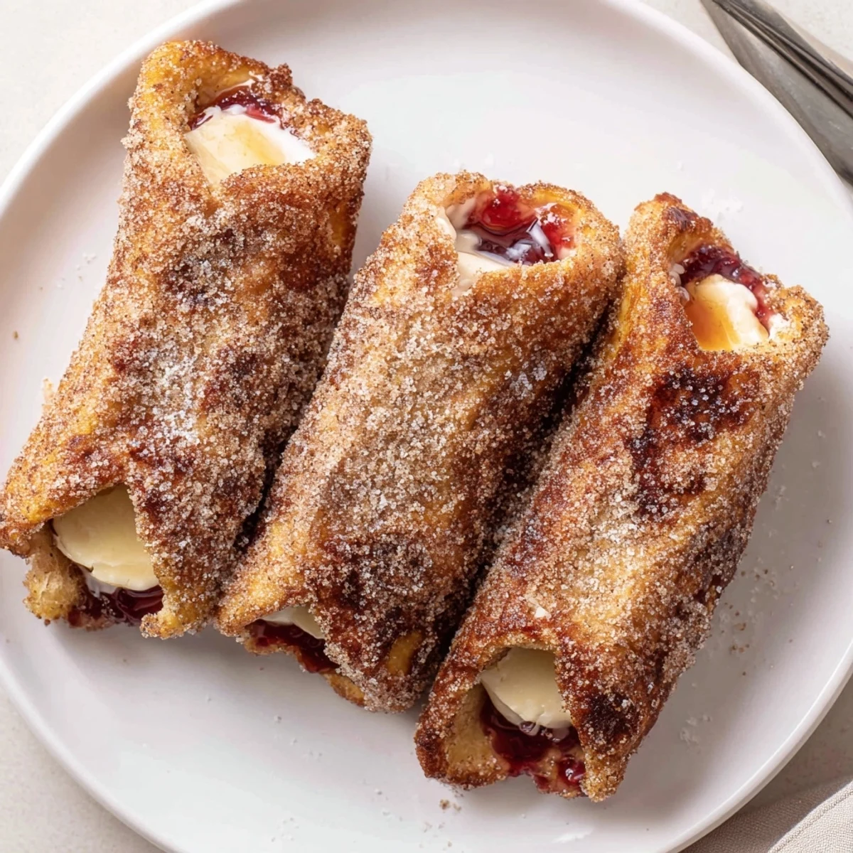 Stacked Easy Cinnamon Sugar French Toast Roll-Ups with melted butter sheen, powdered sugar