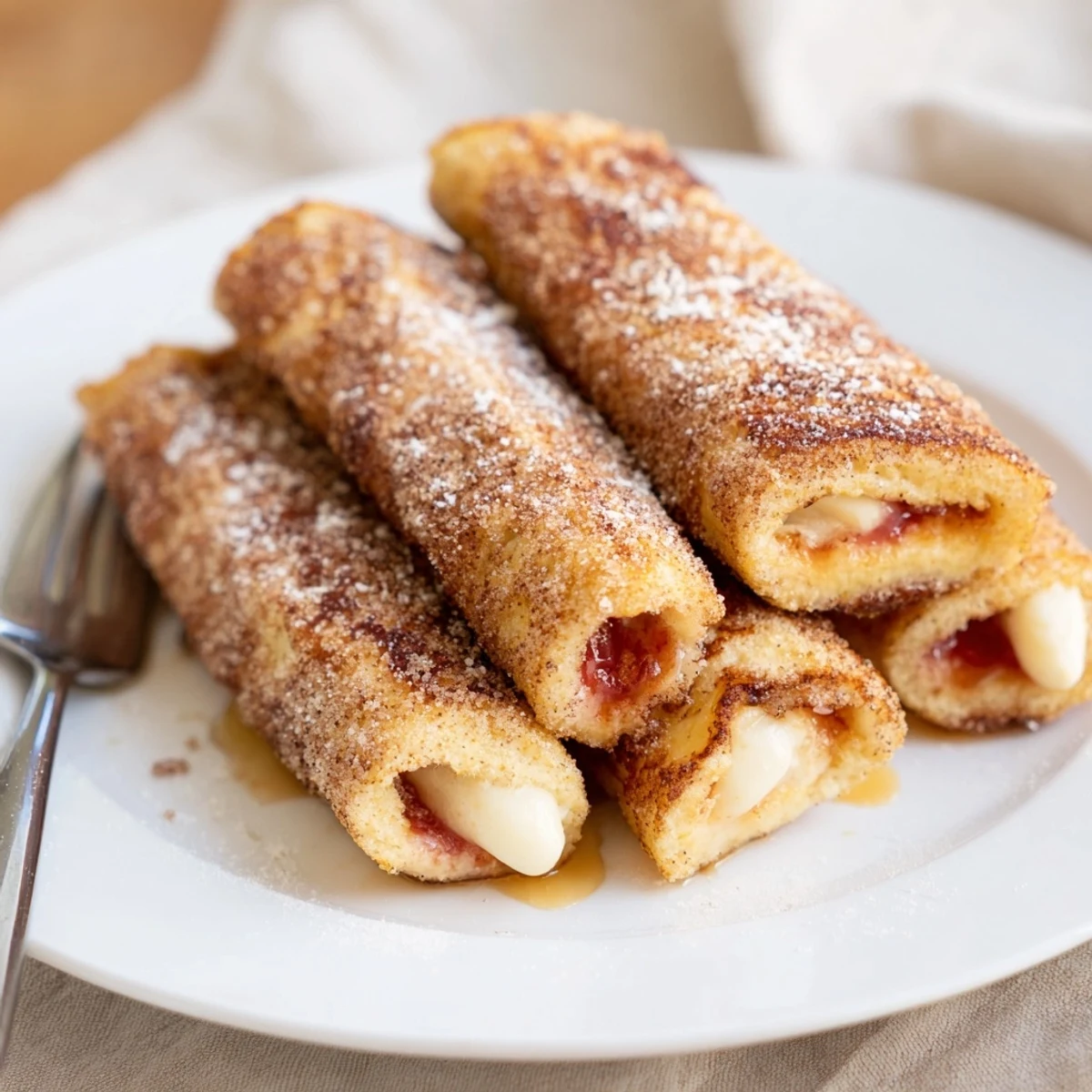 Plate showing Easy Cinnamon Sugar French Toast Roll-Ups sliced, warm cream cheese center