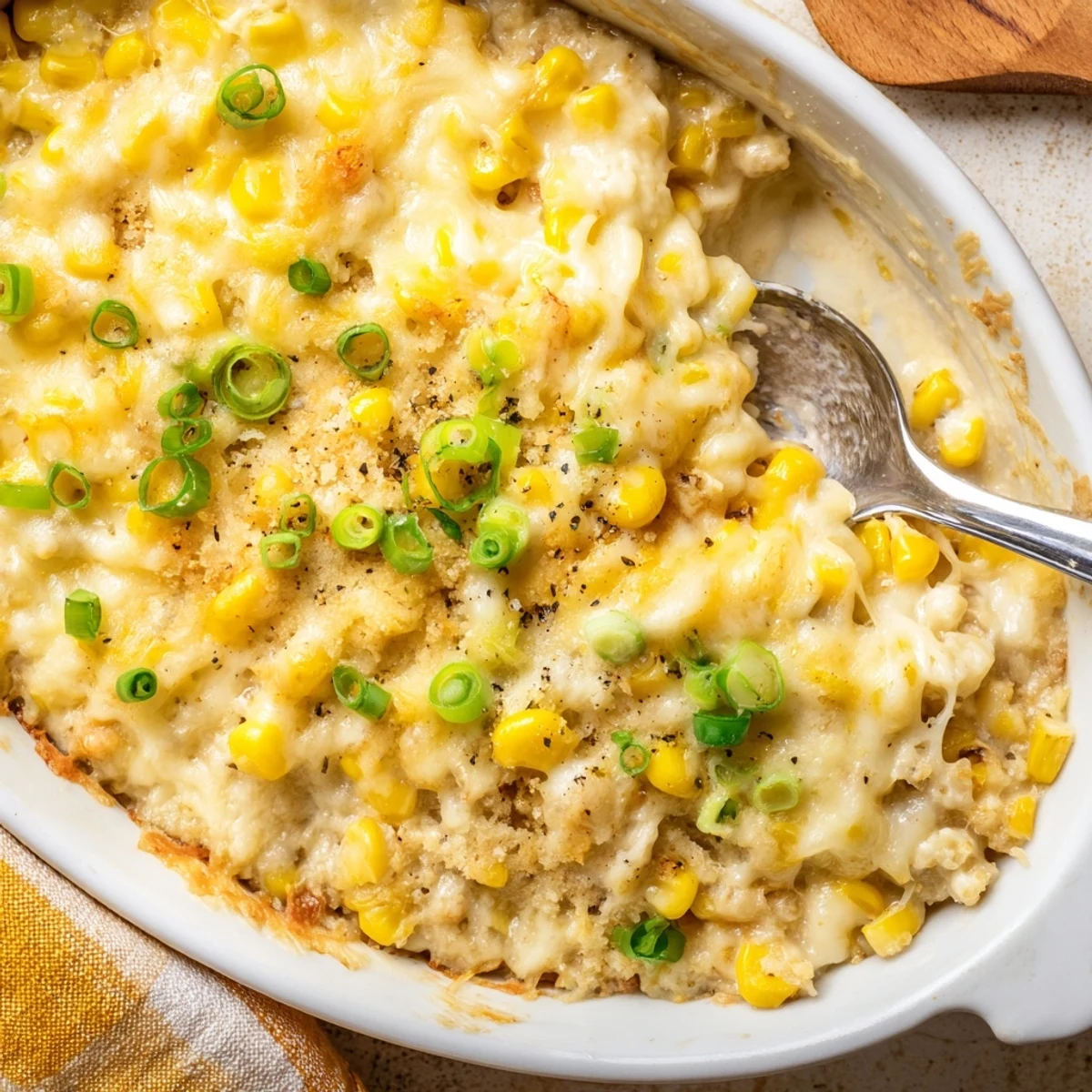 Skillet of Korean Corn Cheese: creamy sweet corn, broiled crisp cheese