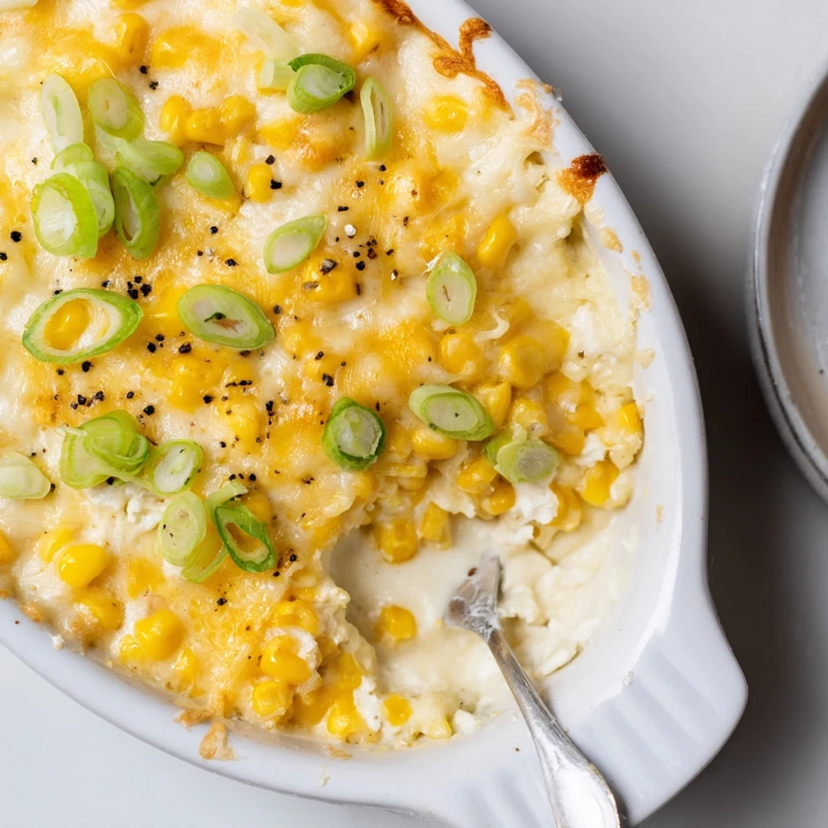 Korean Corn Cheese bubbling golden, gooey mozzarella topping, scallions, served hot