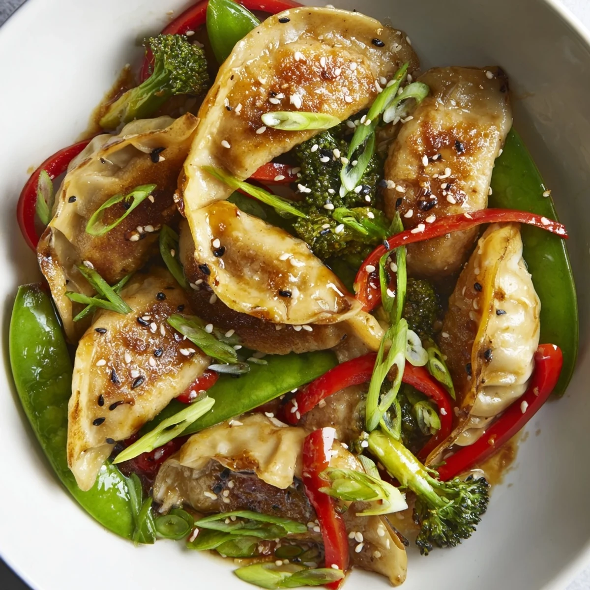 Quick Potsticker Stir Fry plated over steamed rice, garnished with scallions