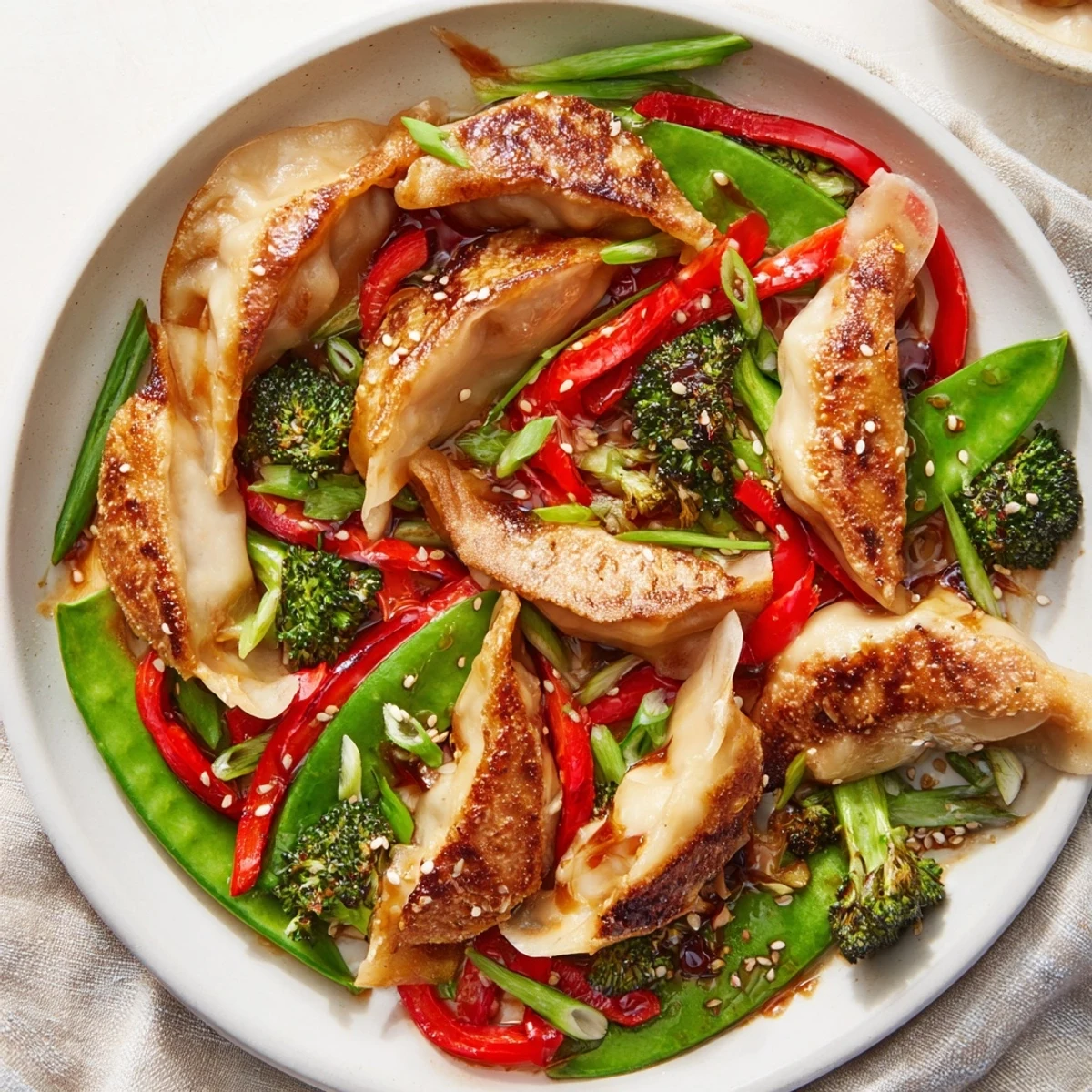Quick Potsticker Stir Fry tossed in savory soy ginger sauce, crisp snap peas