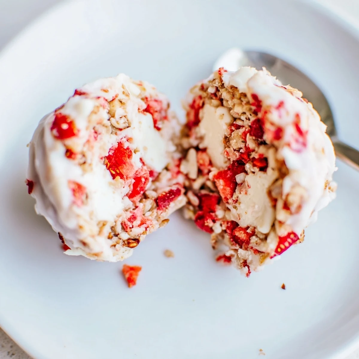 Strawberry Cheesecake Energy Bites arranged on parchment, creamy center and crunchy oats