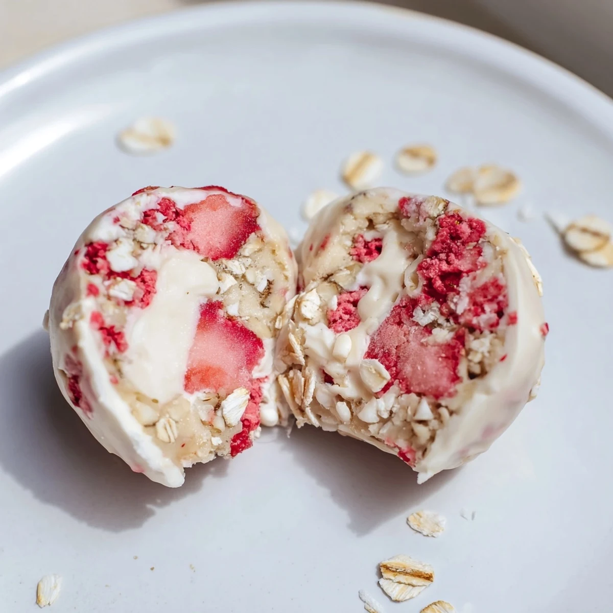 Chilled Strawberry Cheesecake Energy Bites with freeze-dried strawberry flecks and soft texture