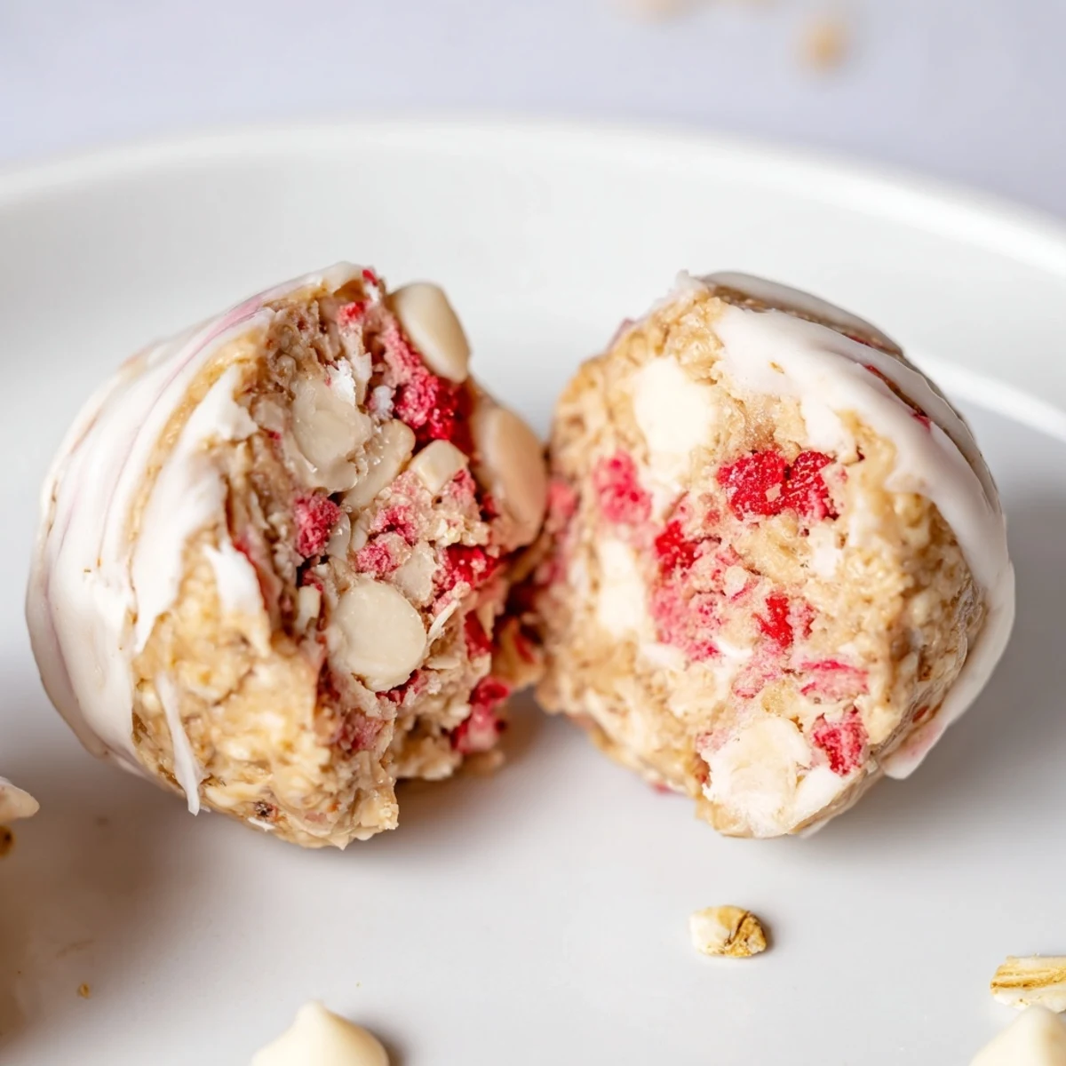 Hand-rolled Strawberry Cheesecake Energy Bites served in small bowl, sweet tangy bite