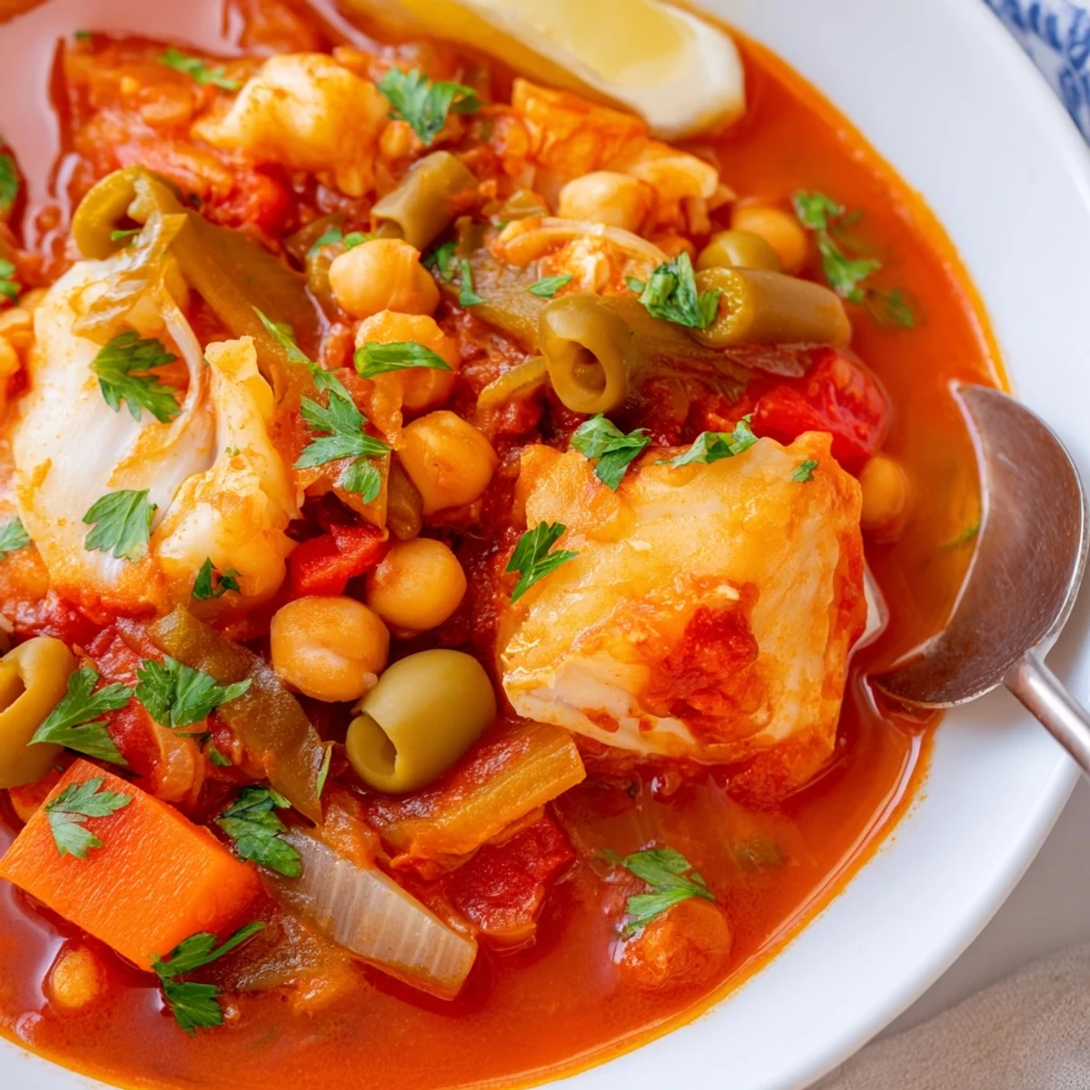 High Protein Bacalao a la Vizcaína steaming in tomato-pepper sauce, lemon wedge.