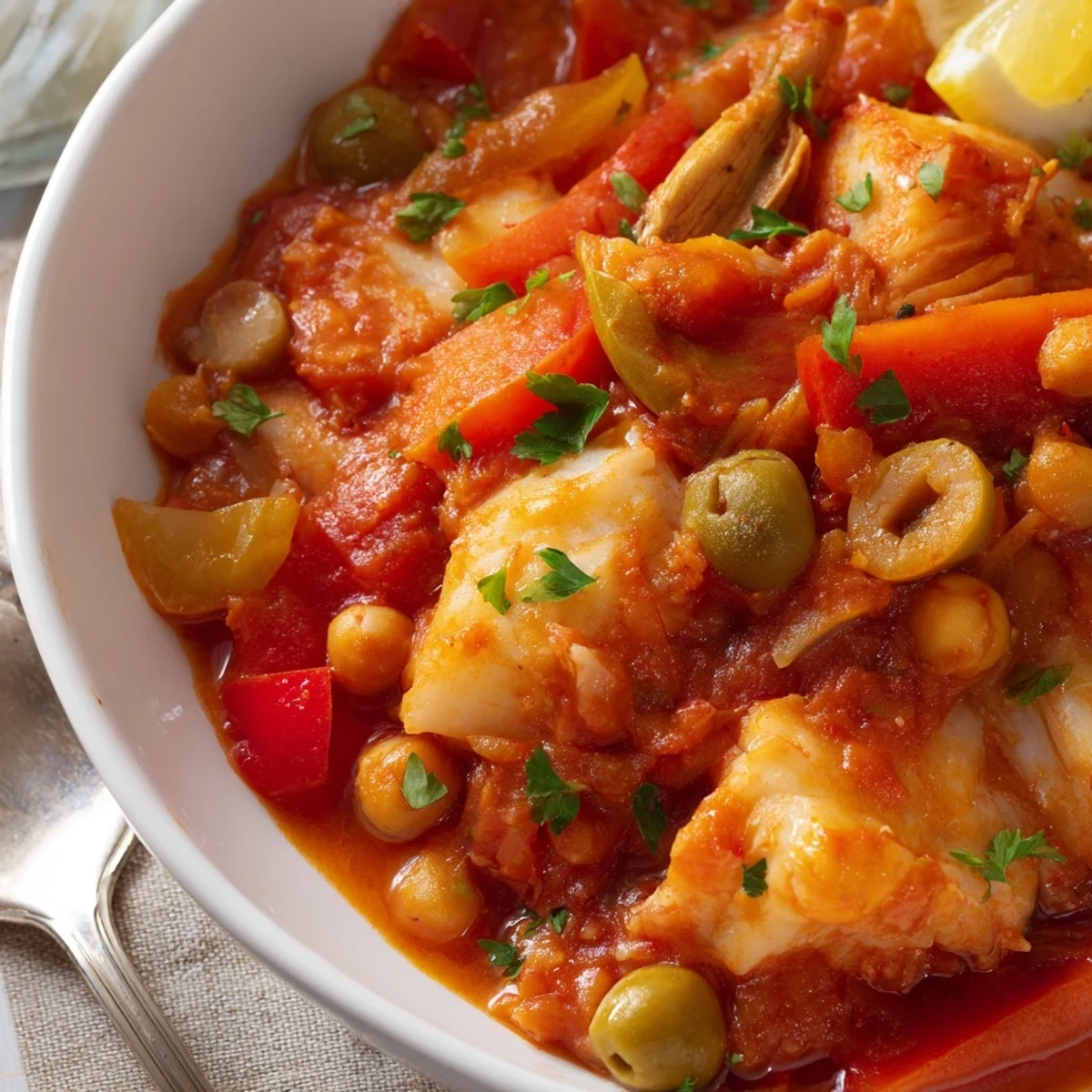 Flaky cod in High Protein Bacalao a la Vizcaína with olives and lemon.