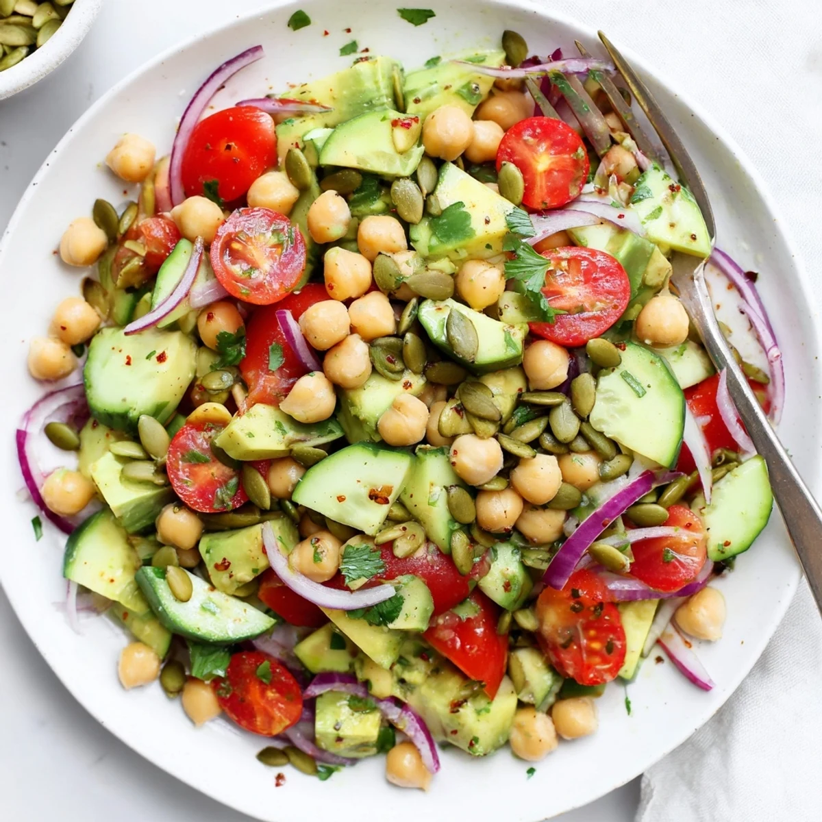 Chickpea Avocado Salad with Lemon Dressing tossed with cilantro and crunchy pumpkin seeds