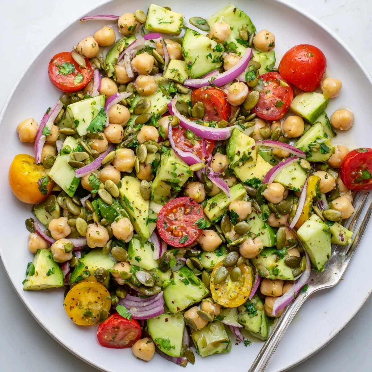 A refreshing bowl of Chickpea Avocado Salad with Lemon Dressing, perfect for lunch