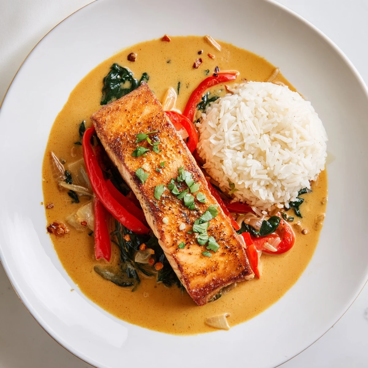 Coconut Curry Salmon with Garlic Butter simmering in creamy sauce over rice