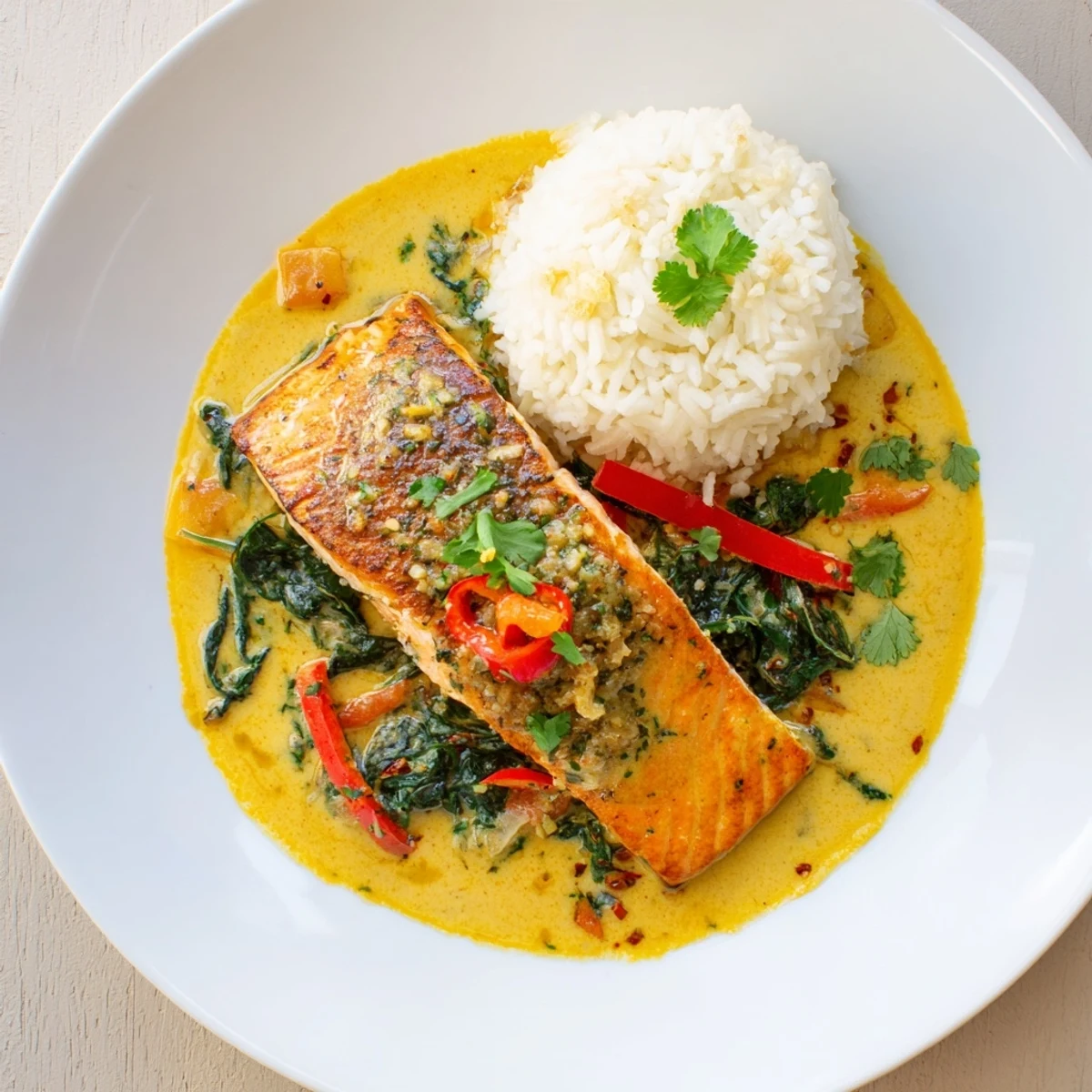Seared Coconut Curry Salmon with Garlic Butter topped with bright cilantro and lime